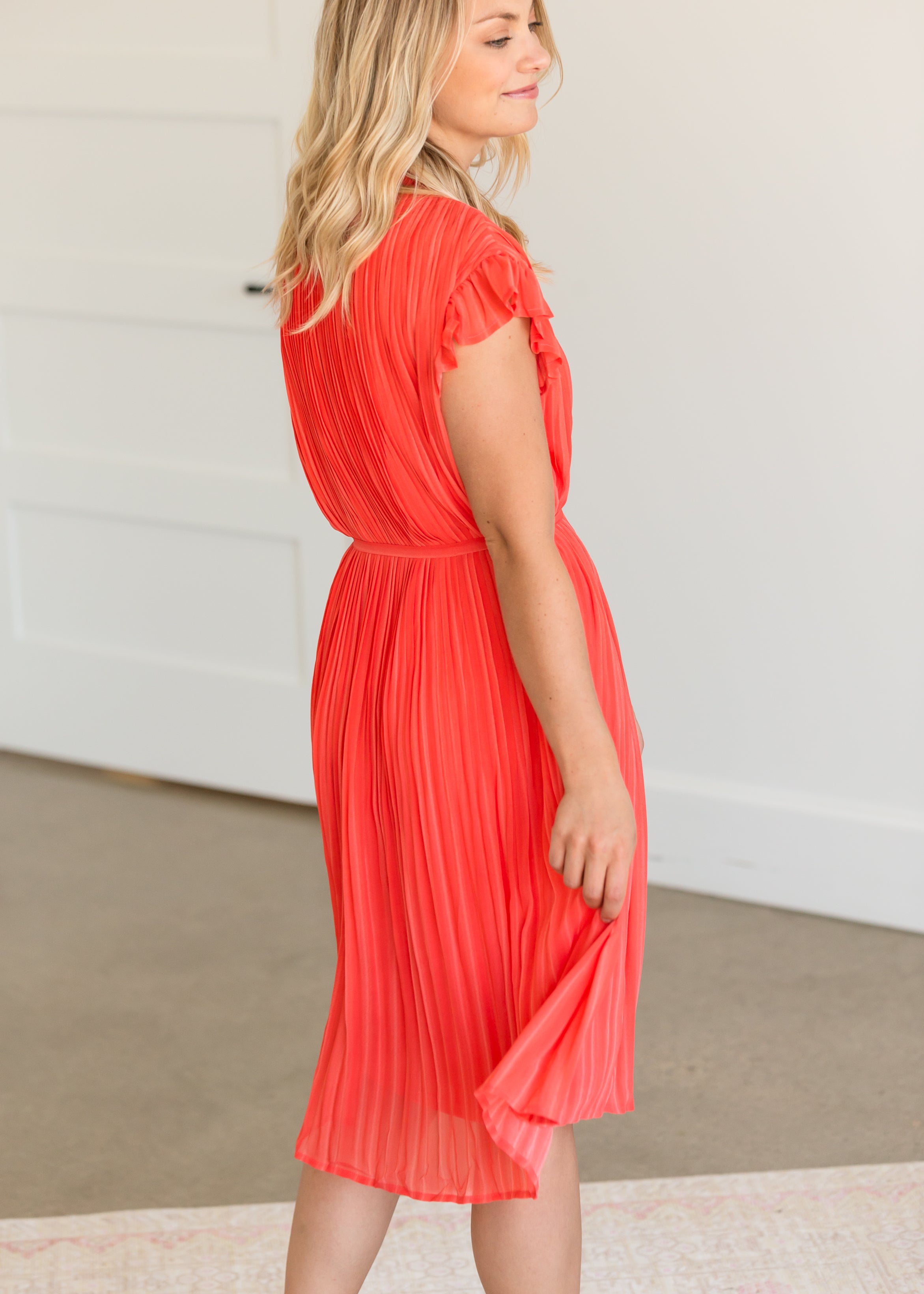 High Neck Pleated Belted Coral Midi Dress FINAL SALE Inherit Co