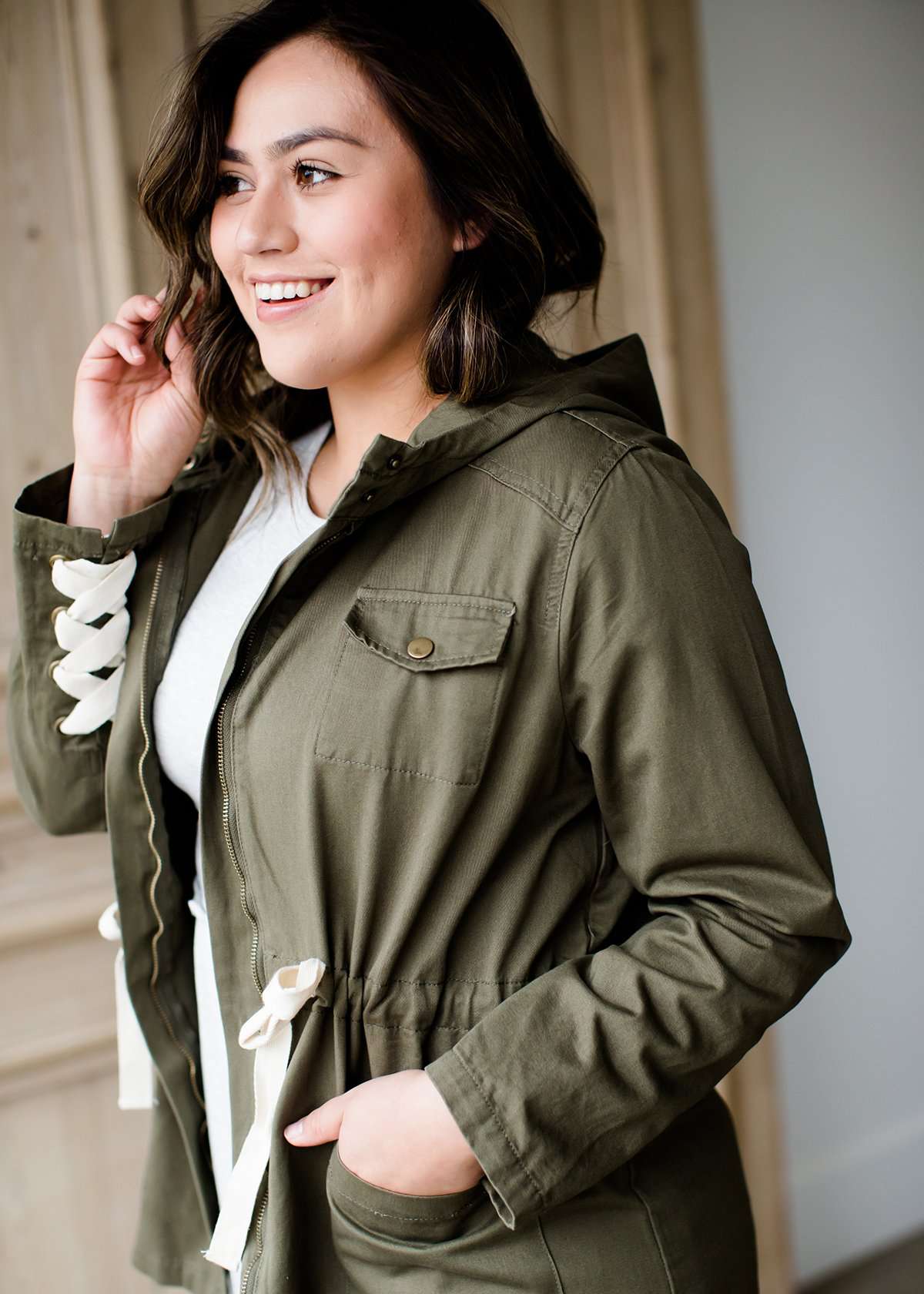 Women's Modest Olive Lace Sleeve Hooded Cargo Jacket – Inherit Co.