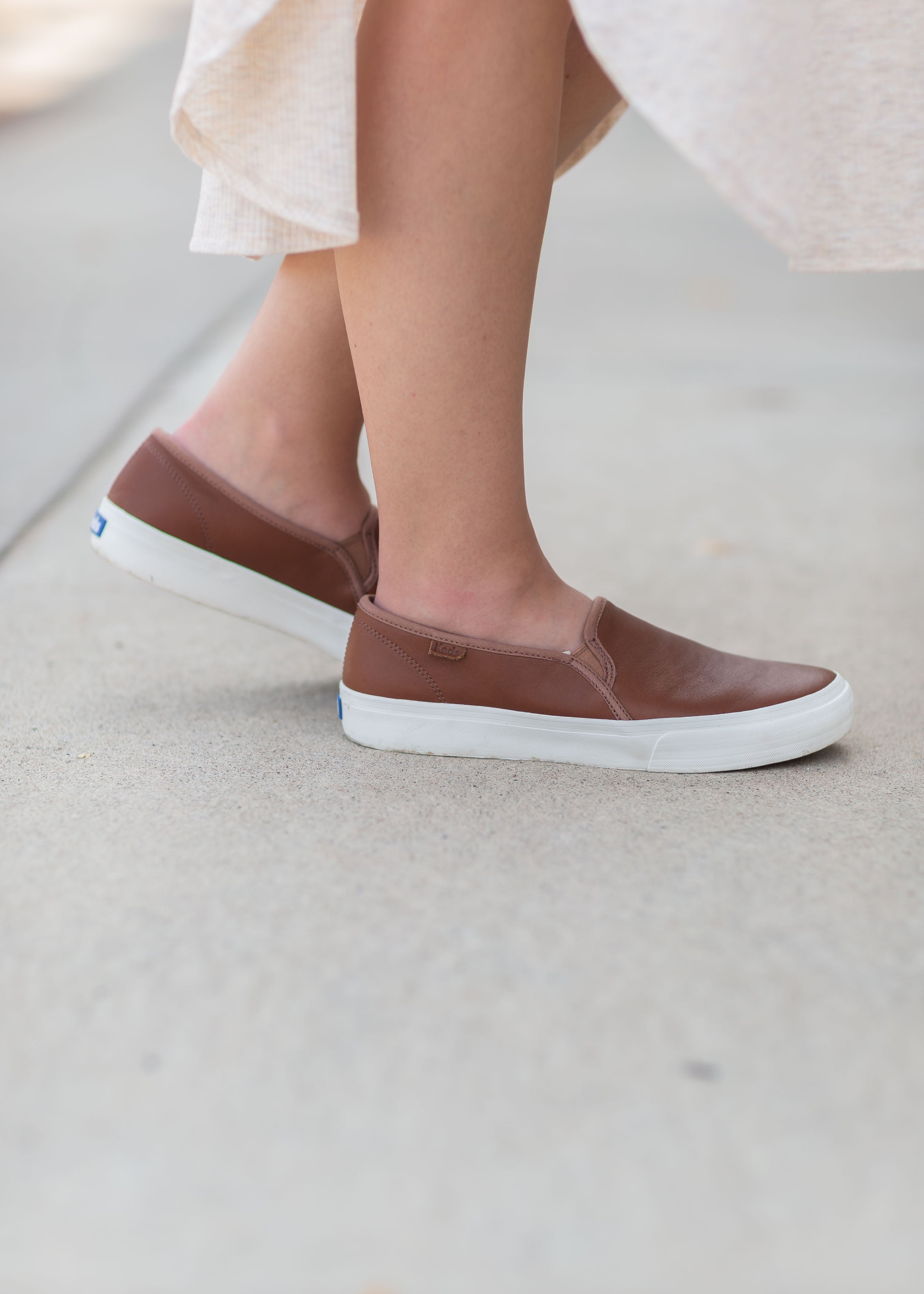 Keds double decker washed leather cheap pale pink slip on sneakers