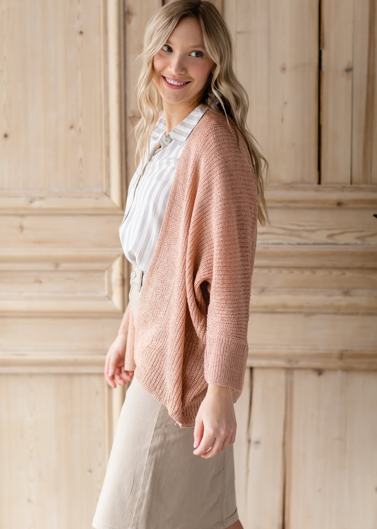 Peach shop cardigan outfit