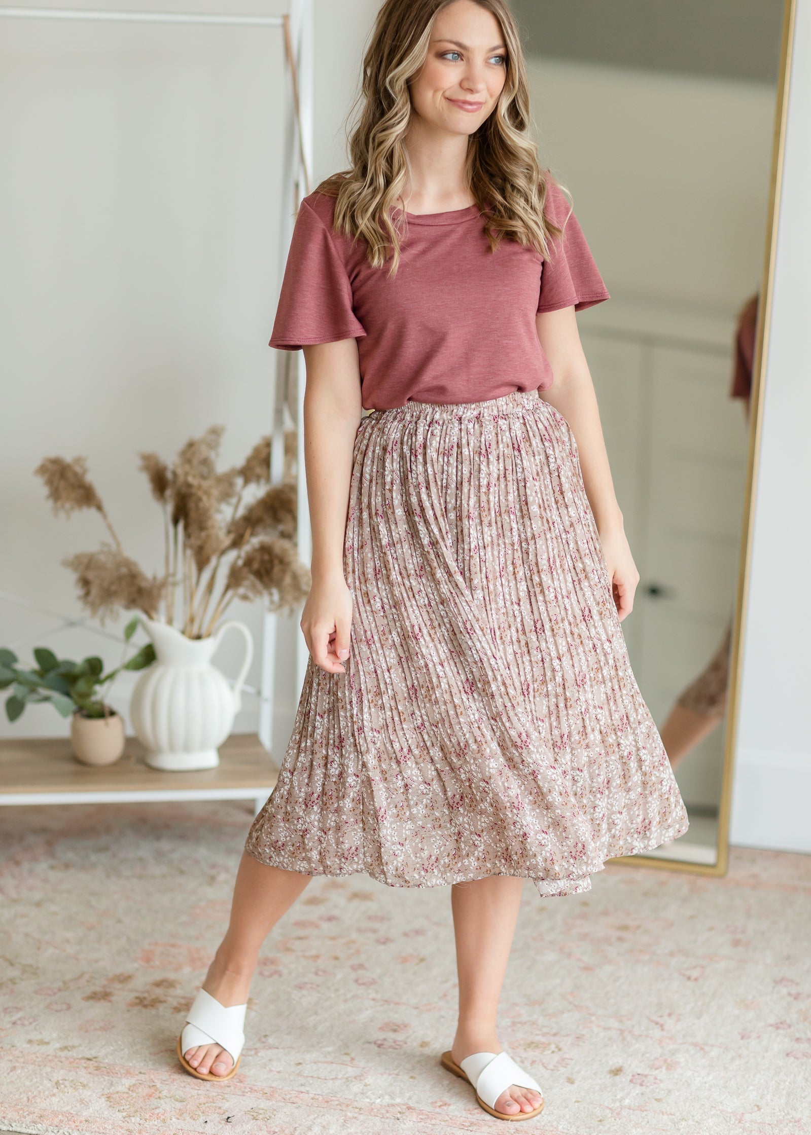 Lily Taupe Pleated Midi Skirt FINAL SALE Inherit Co