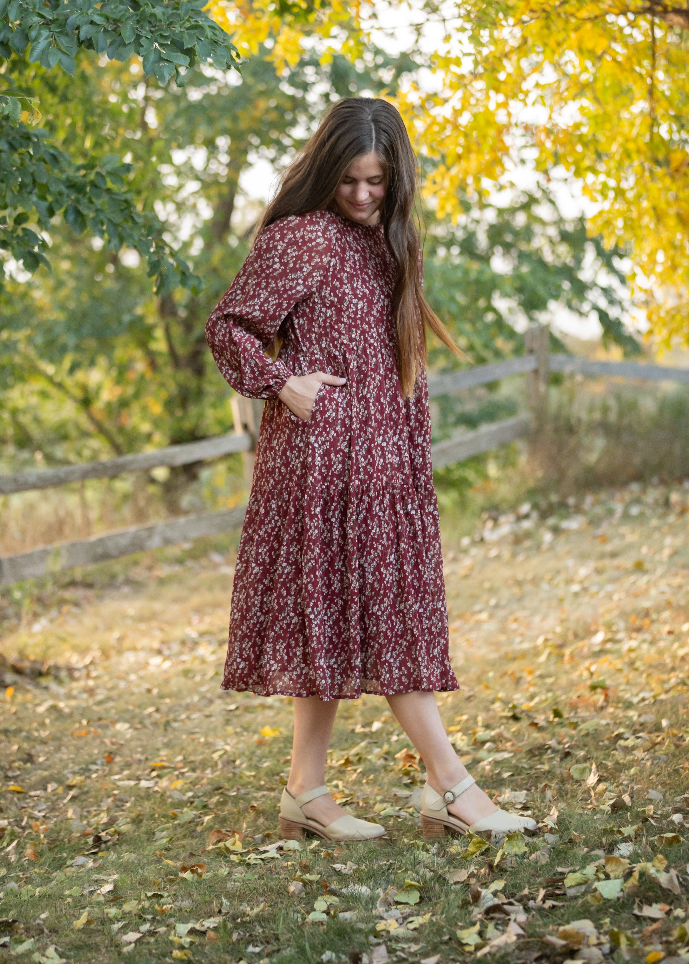 Long Sleeve Ditsy Print Tiered Midi Dress - FINAL SALE – Inherit Co.