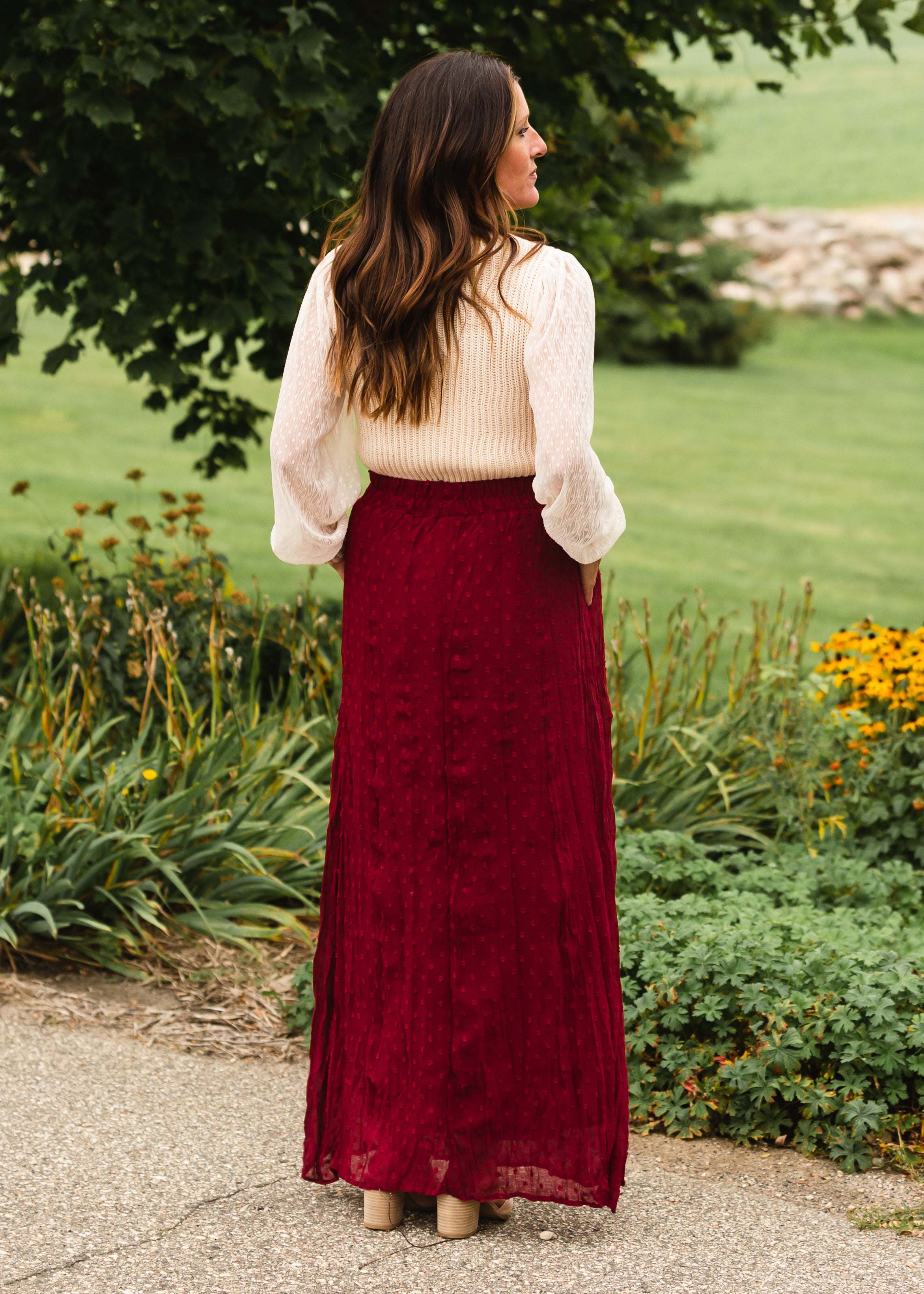 Maroon maxi shops skirt and lace