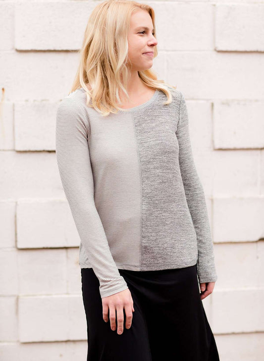 Modest women's gray and charcoal patterned sweater