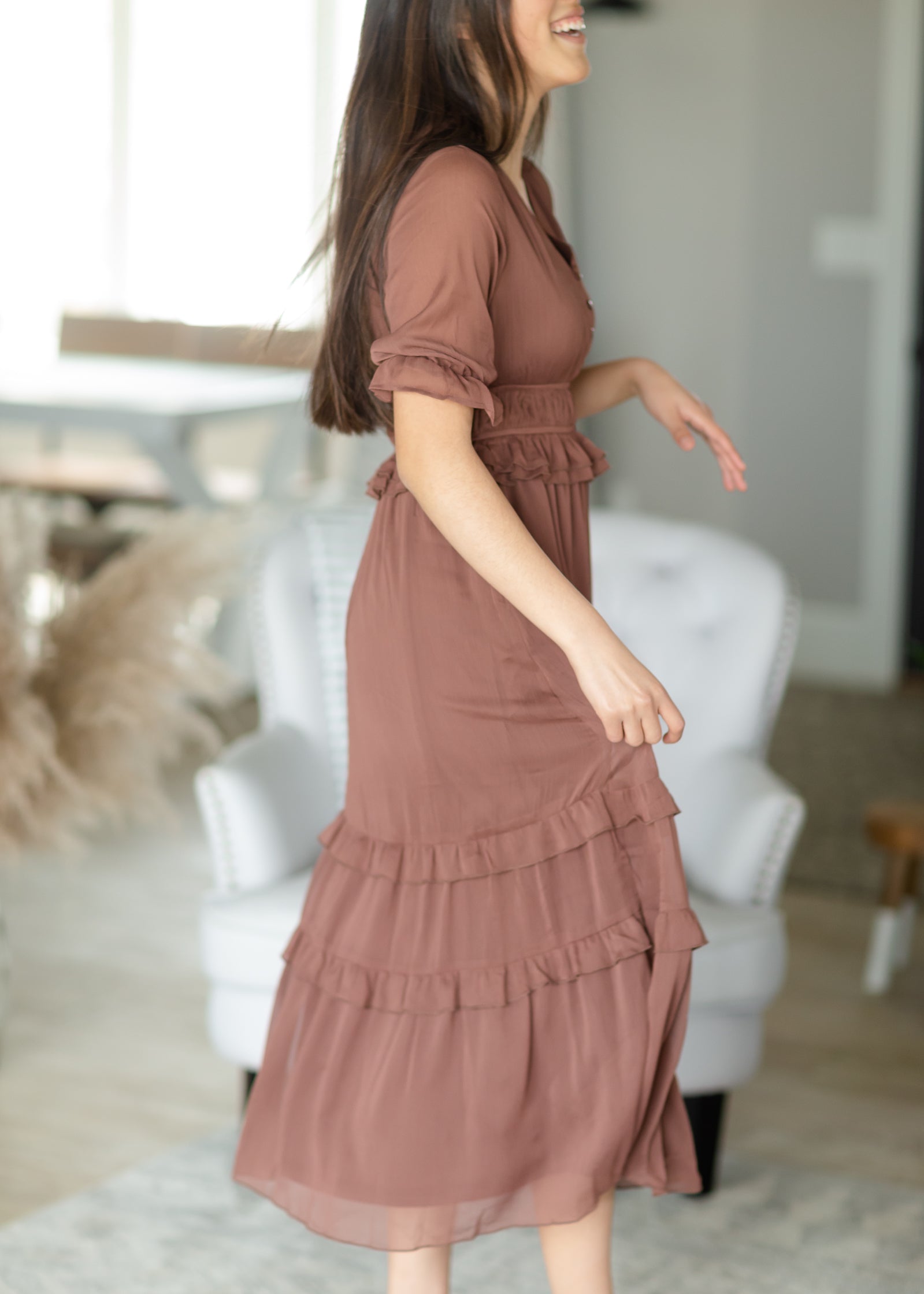 Mocha Maxi Dress with Long Sleeves and Slit