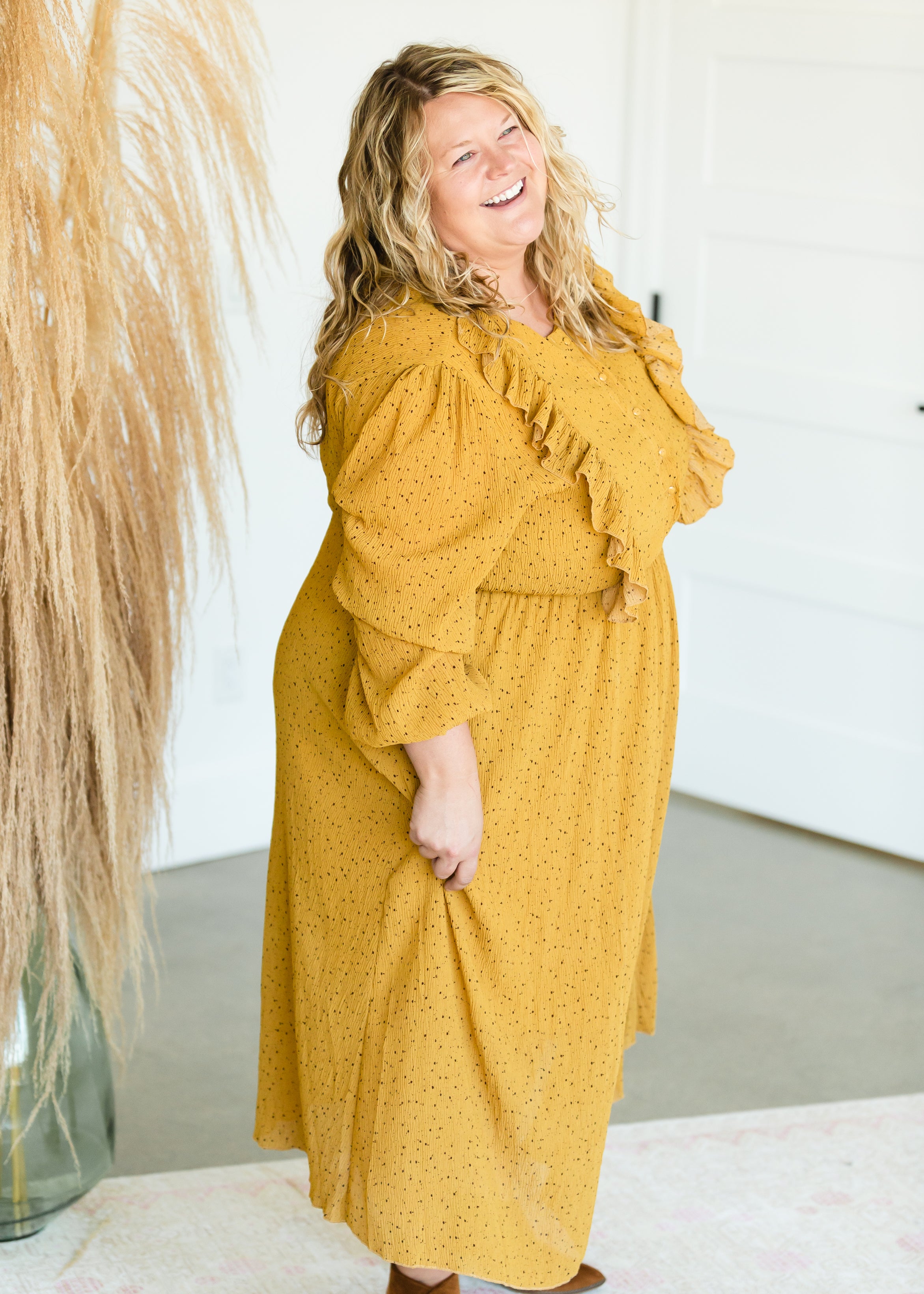 Mustard Button Front Ruffle Maxi Dress FINAL SALE S