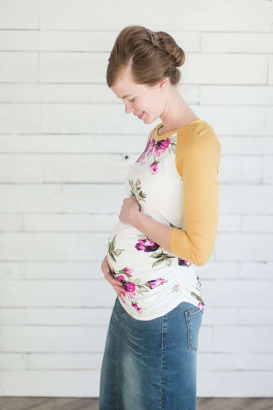 Mustard & Floral Maternity Baseball Tee Tops