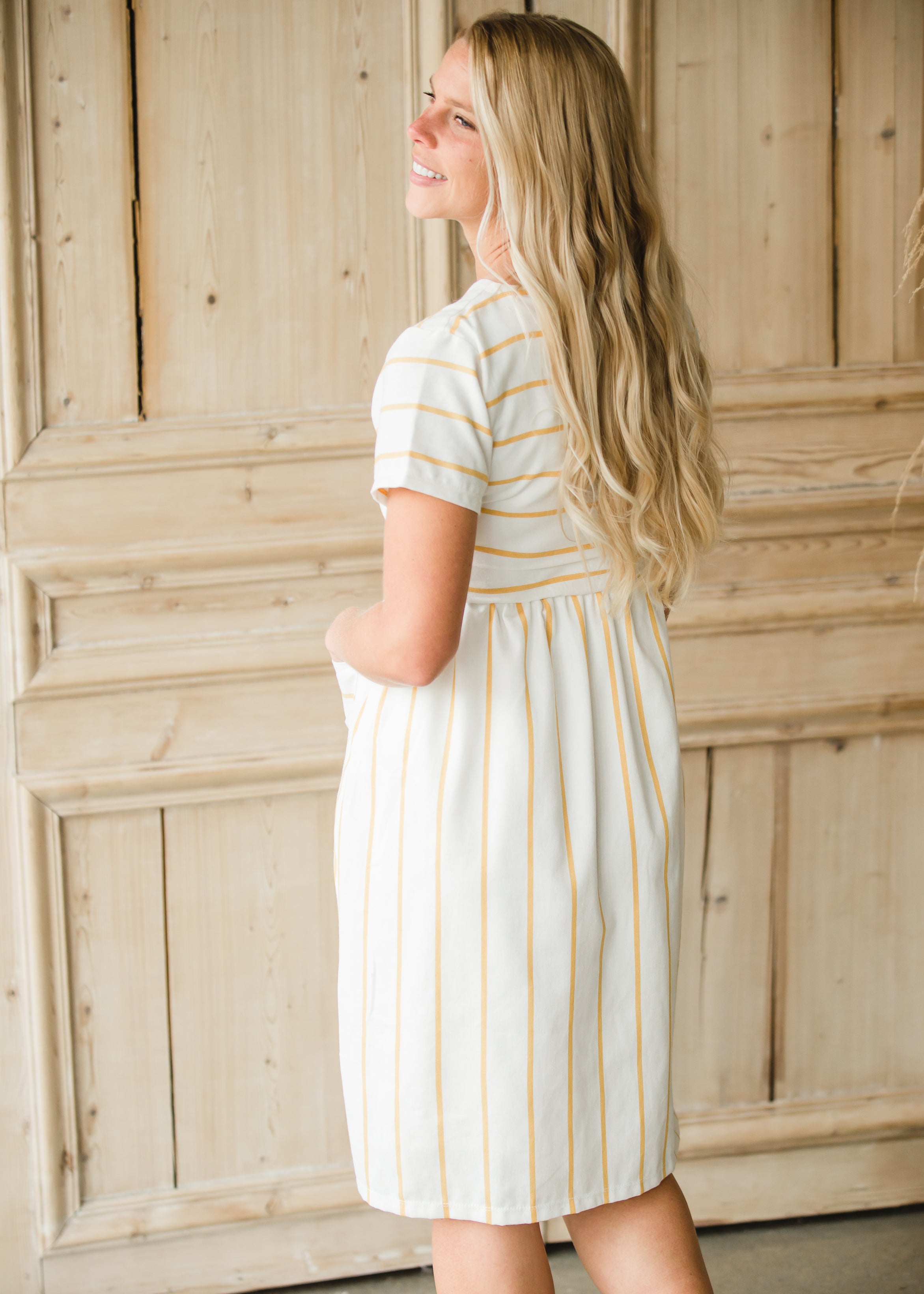 Striped button outlet front midi dress