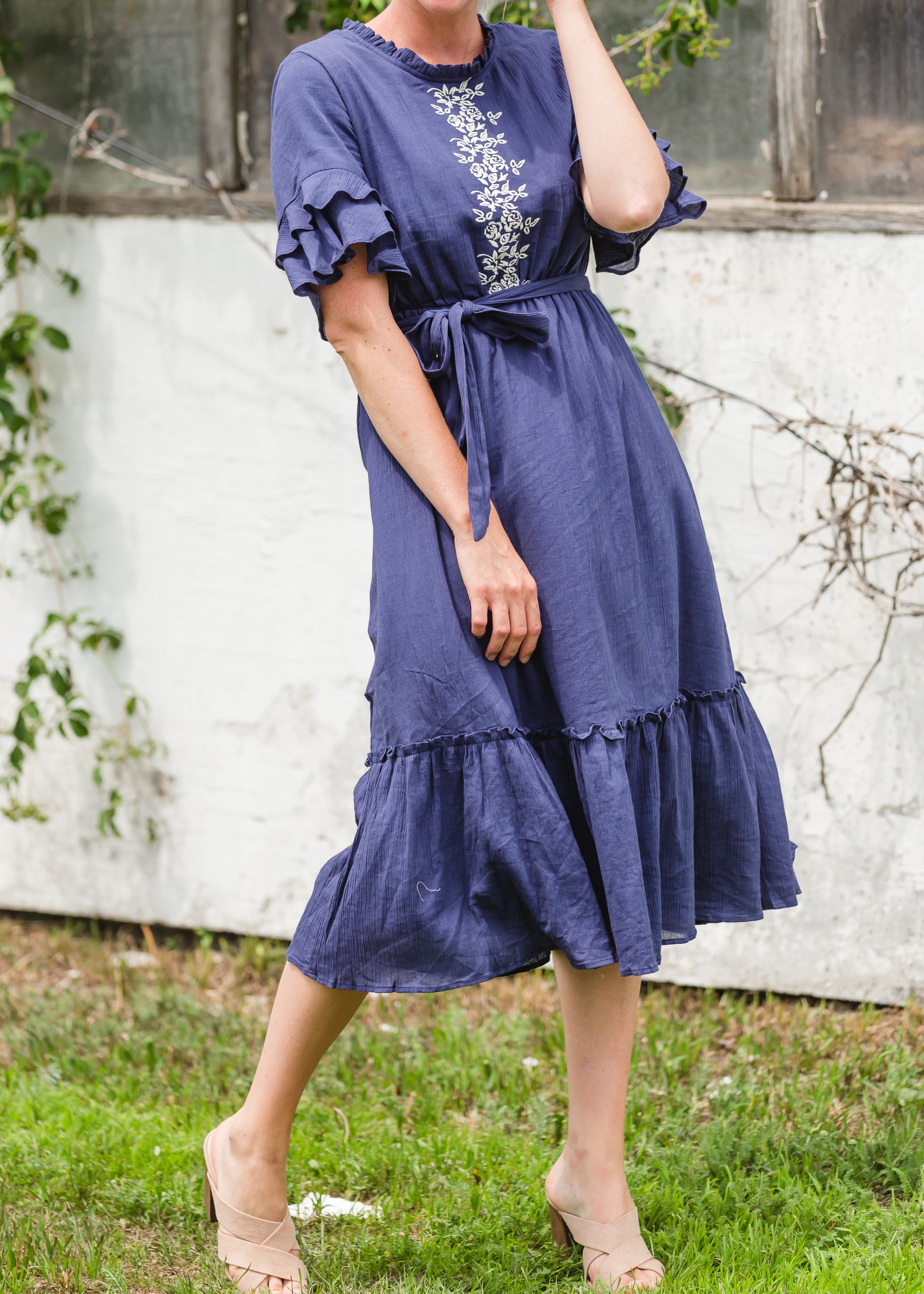 Navy Blue Ruffle Sleeve Neck Embroidered Midi Dress FINAL SALE Inherit Co