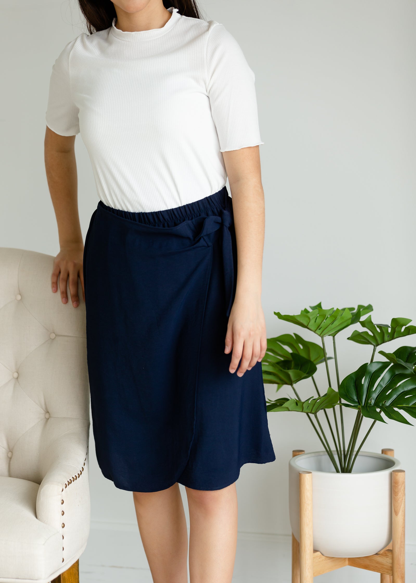 Navy wrap outlet midi skirt