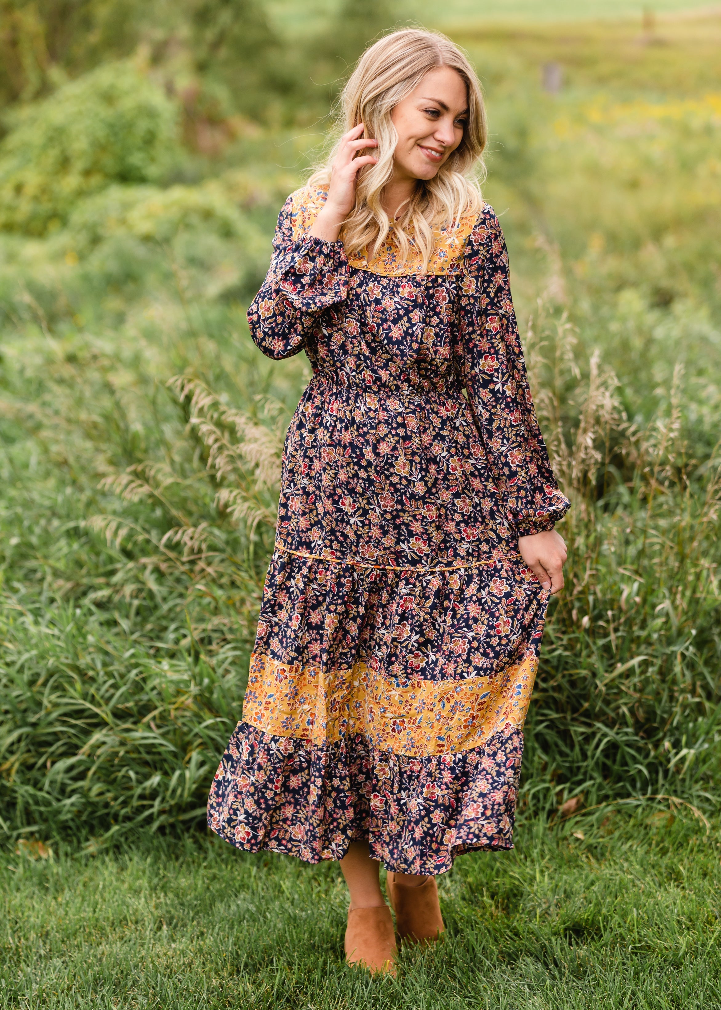 Navy Floral Prairie Peasant Midi Dress FINAL SALE S