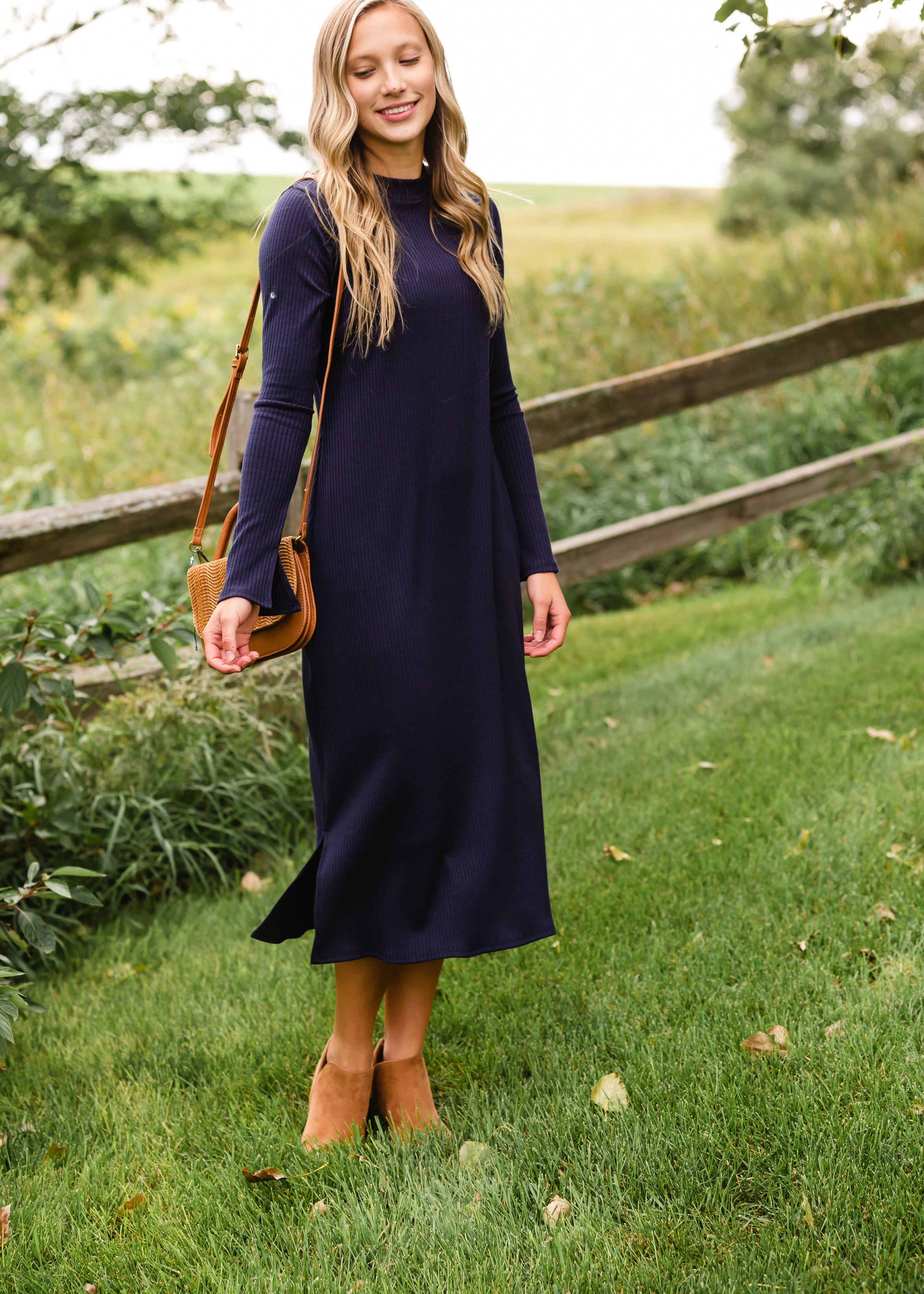 Navy Long Sleeve Ribbed Knit Midi Dress Inherit Co