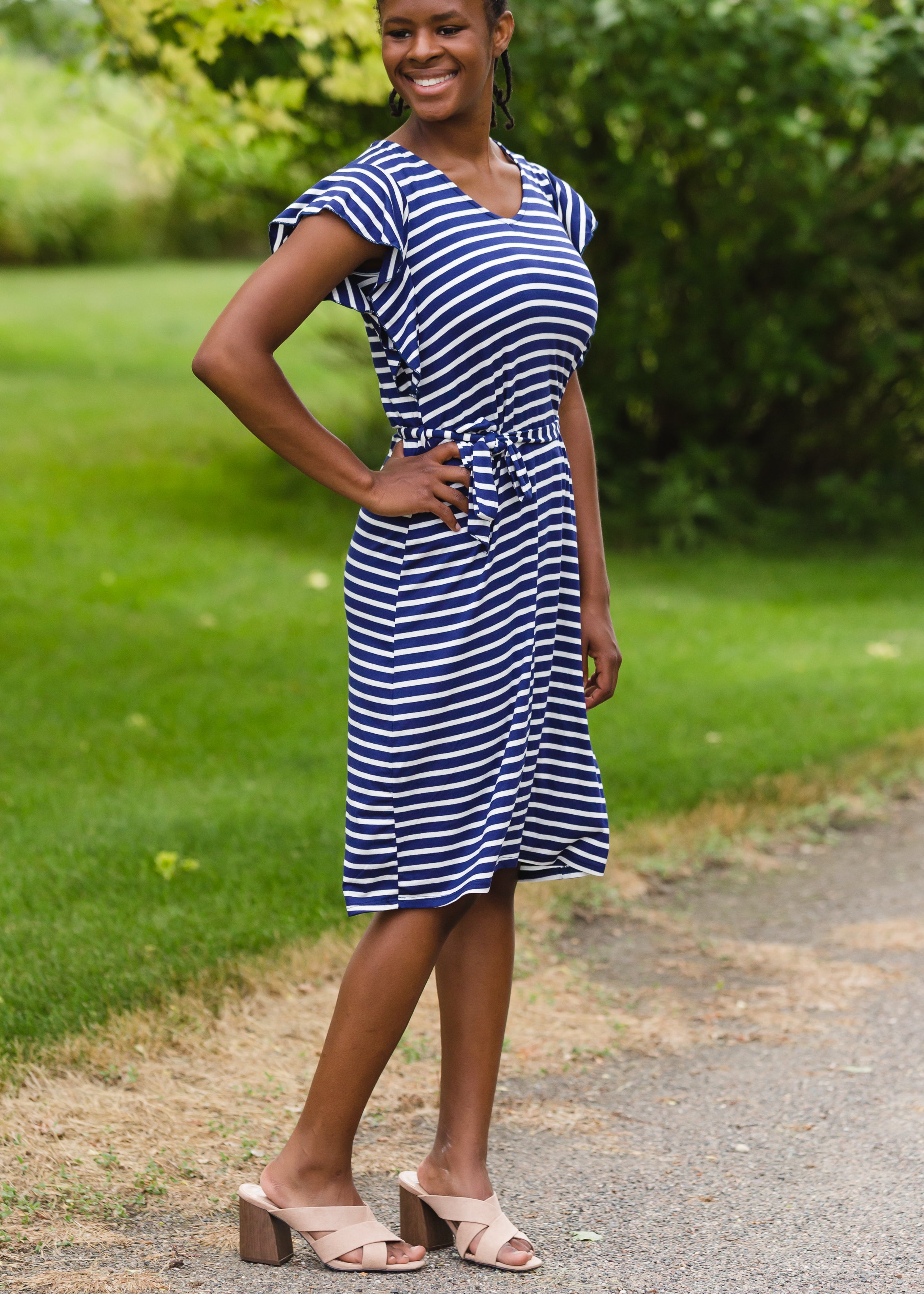 Navy Stripe Ruffle Sleeve Midi Dress - FINAL SALE – Inherit Co.