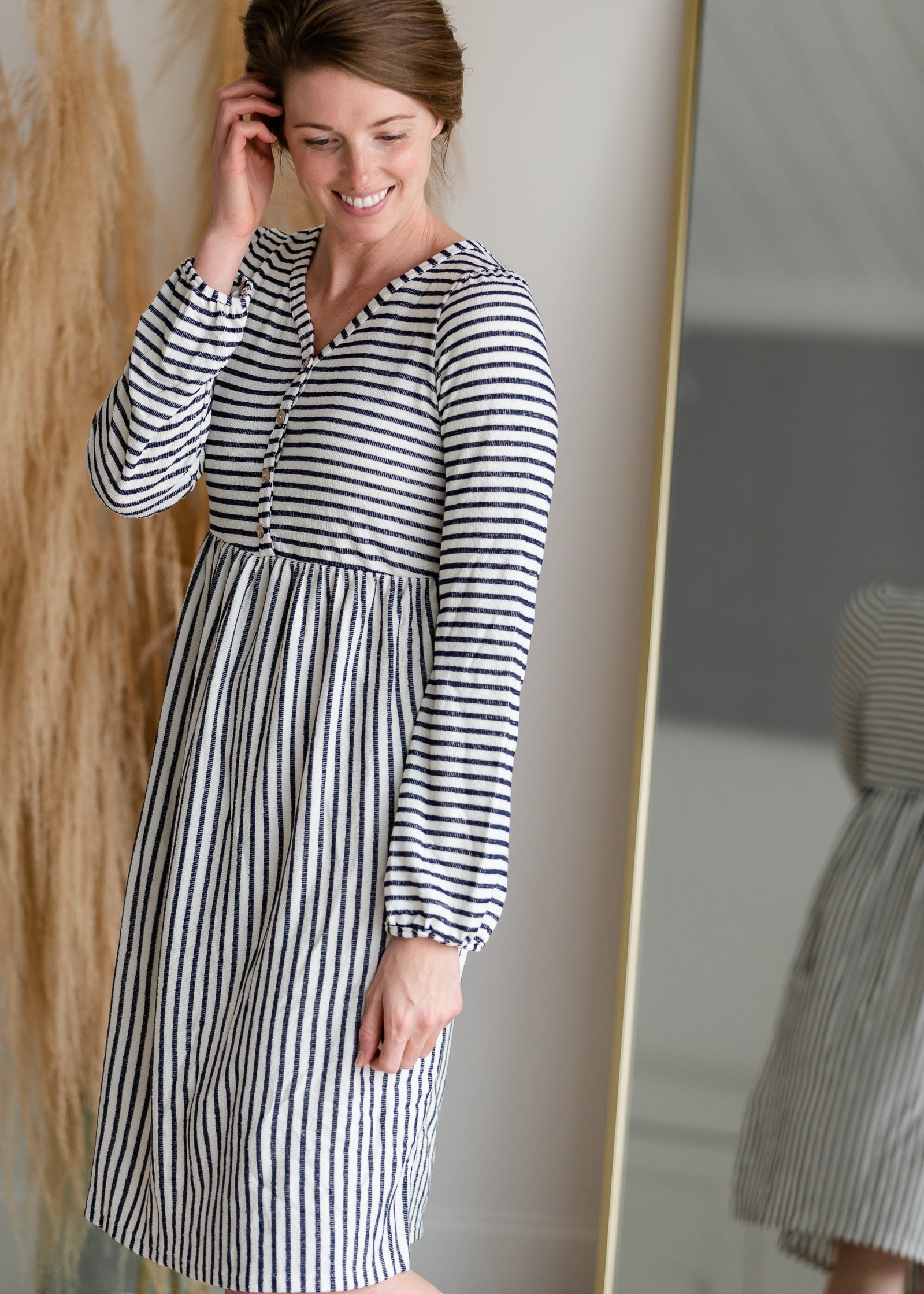 Navy and white shop striped midi dress