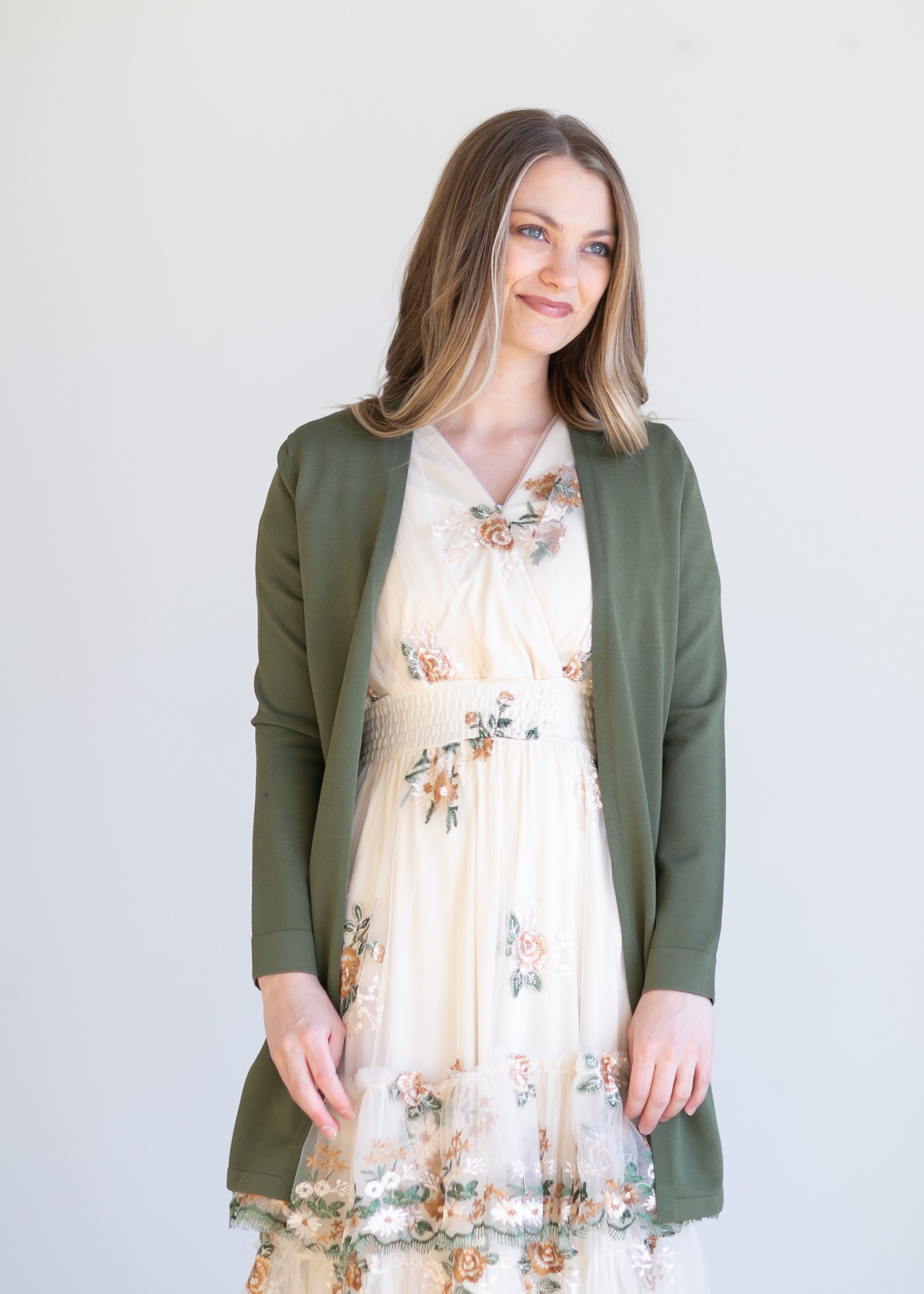 Olive green clearance open front cardigan