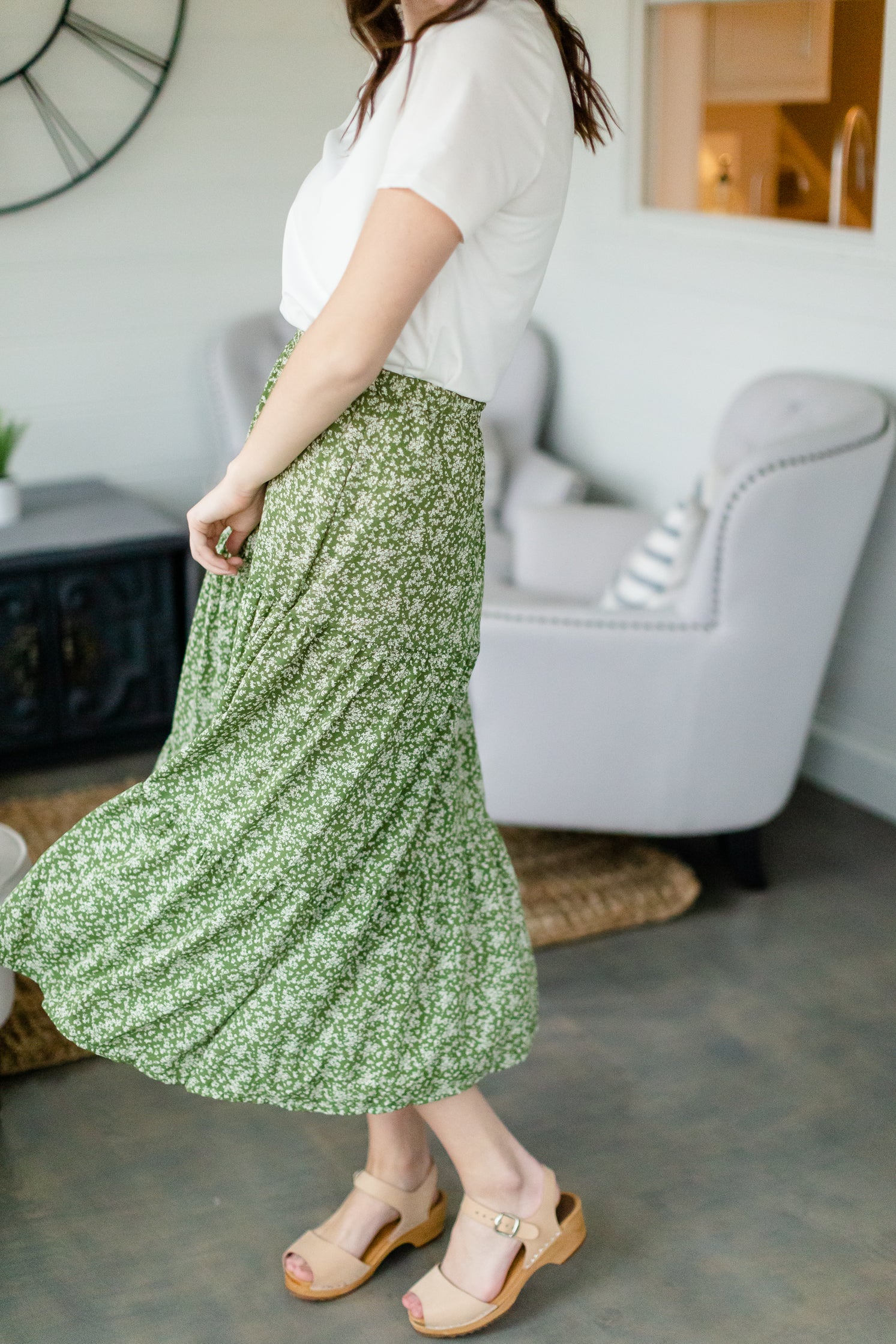 Olive Floral Tiered Midi Skirt Inherit Co