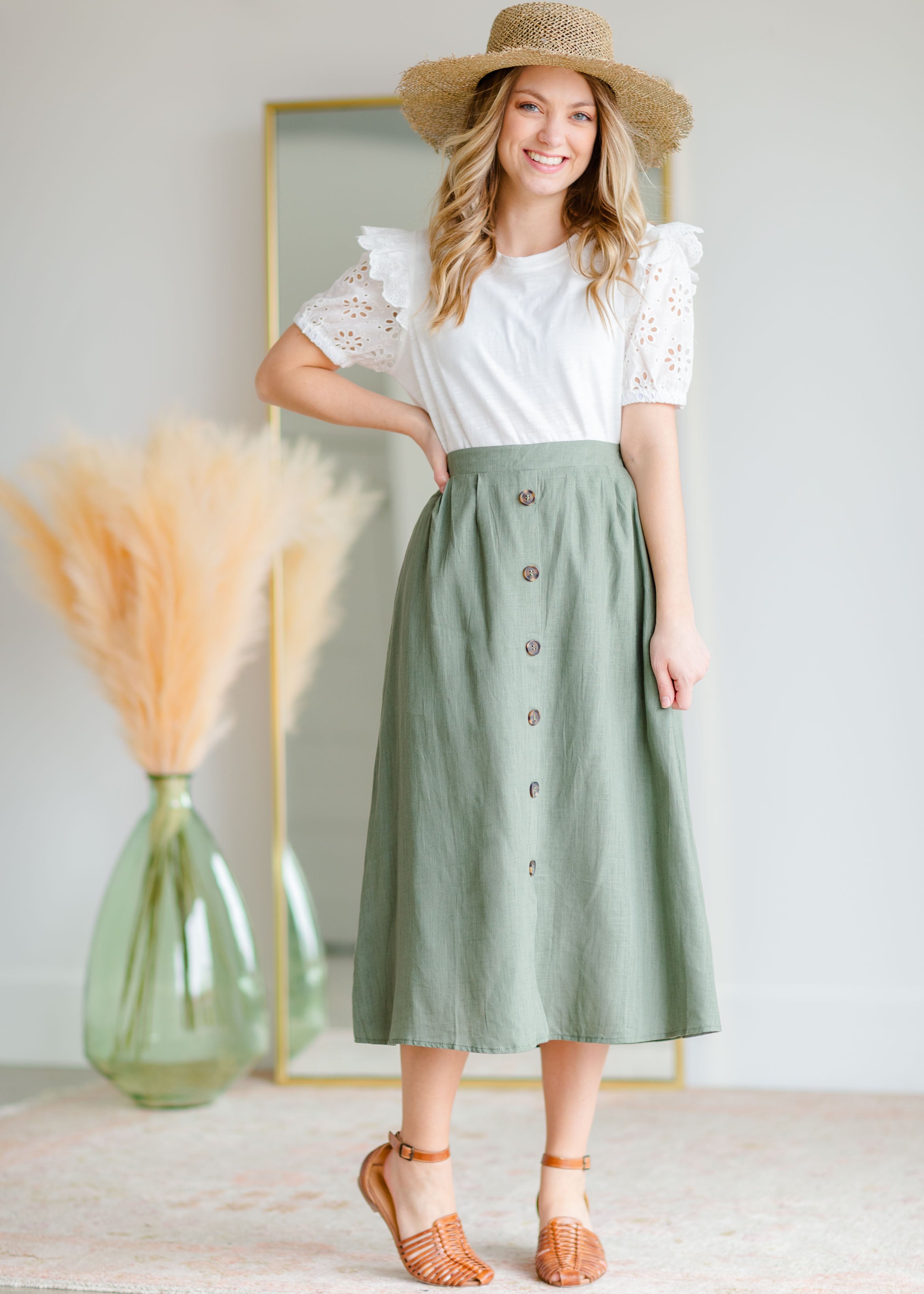 Green button front midi skirt sale