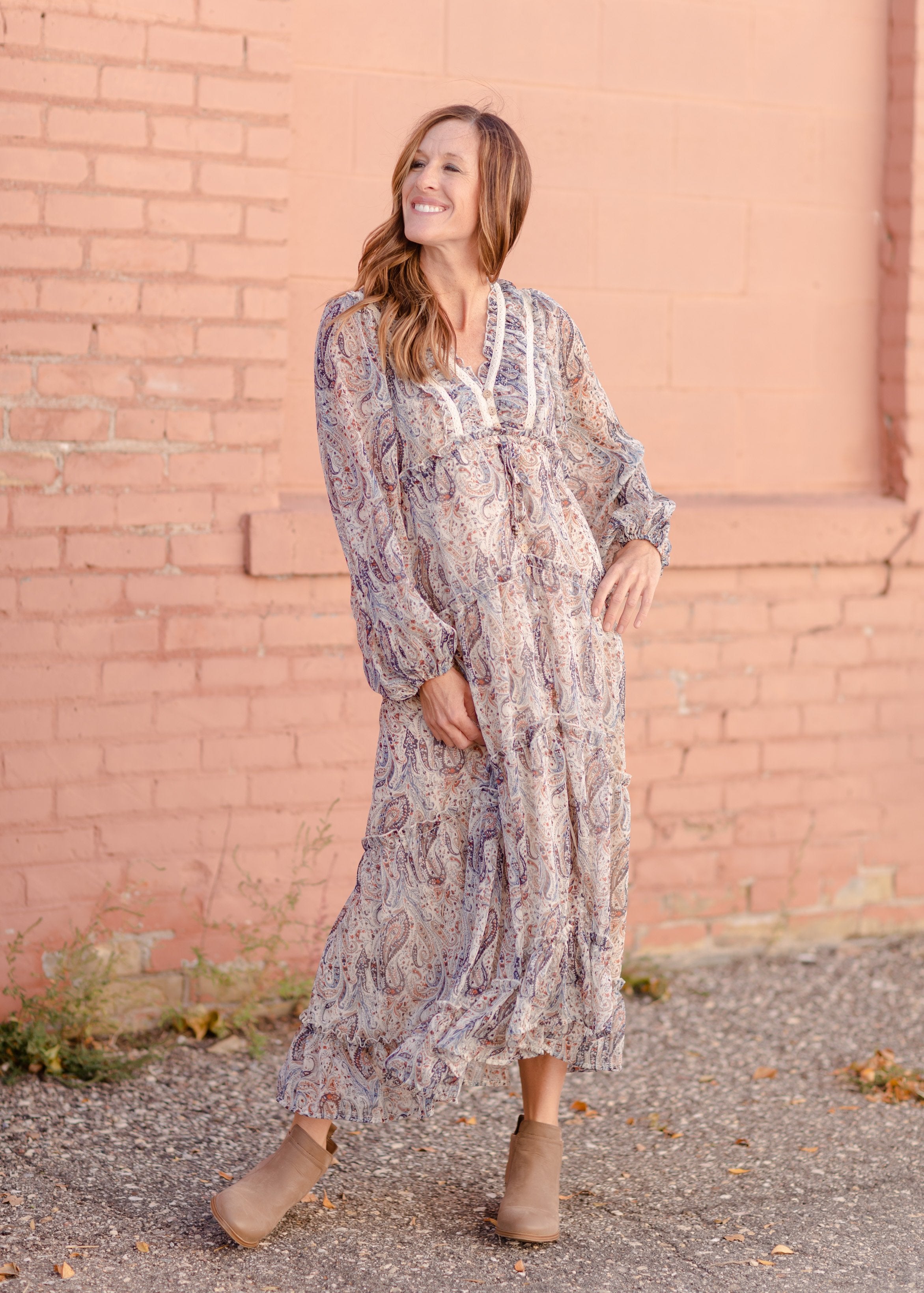 Paisley Lace Trim Button V-Neck Tiered Maxi Dress - FINAL SALE