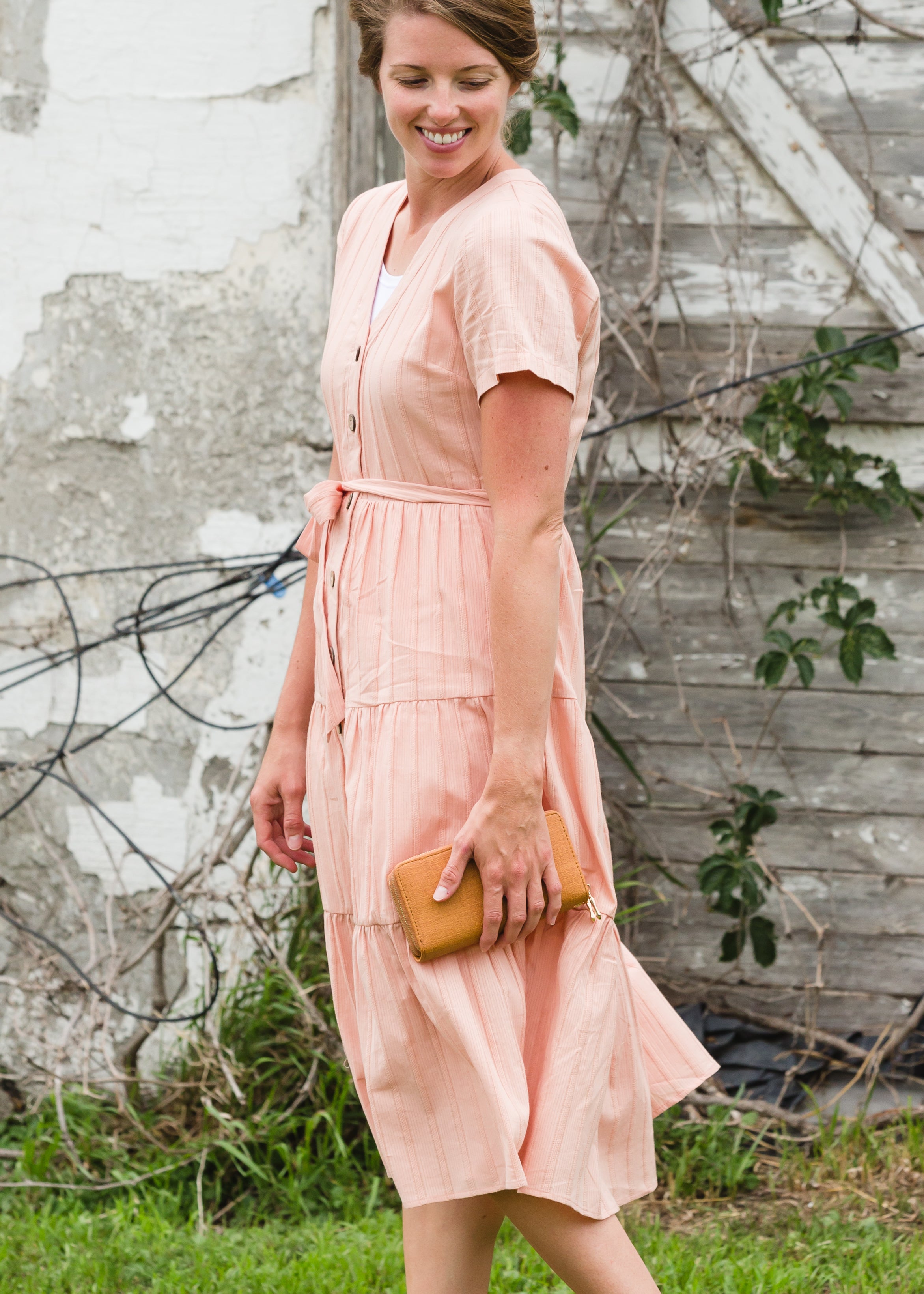 Peach v clearance neck dress