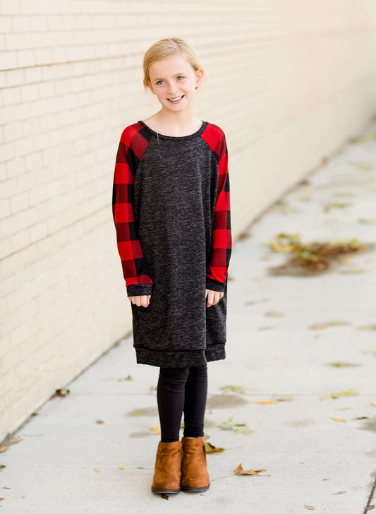 Modest girls and conservative teens red buffalo plaid sweatshirt dress