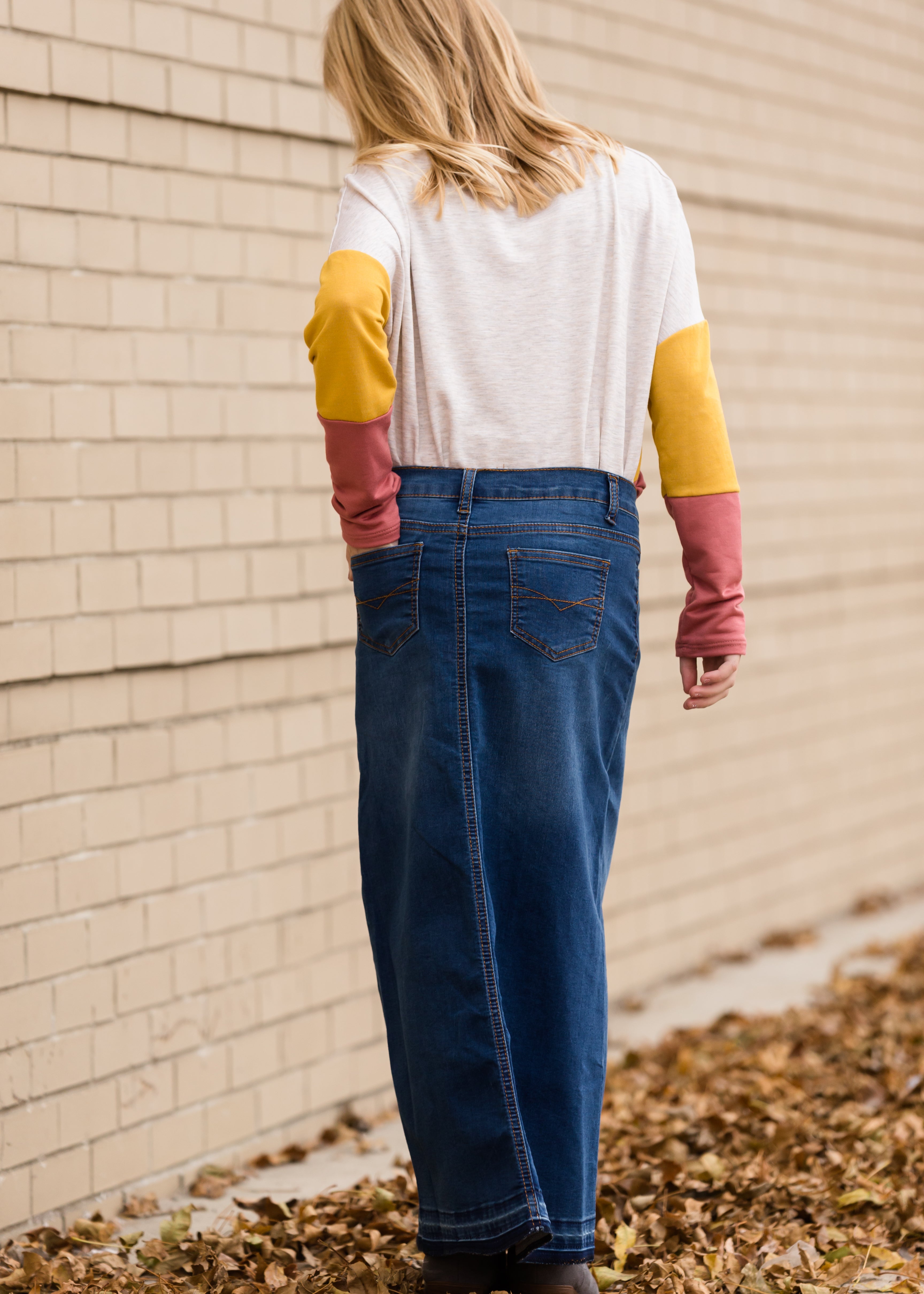 Long blue jean skirts clearance yellow