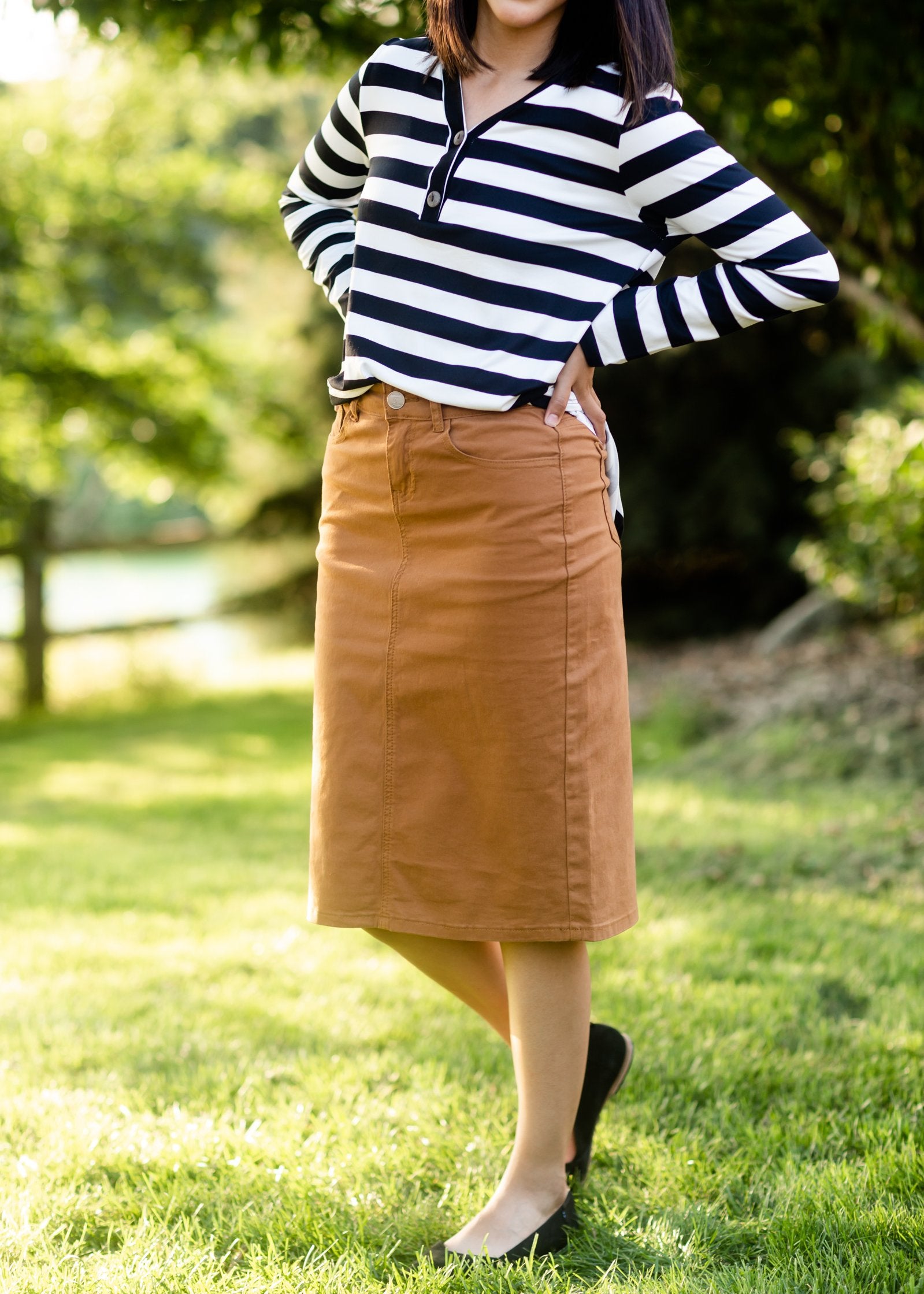 Camel a-line denim skirt sale