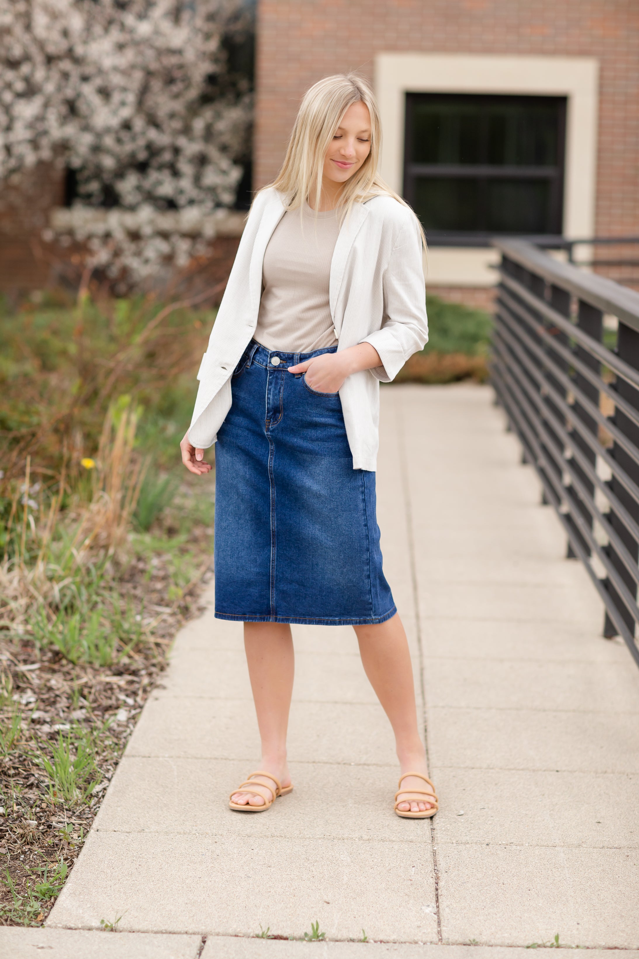 Dark wash shop midi jean skirt