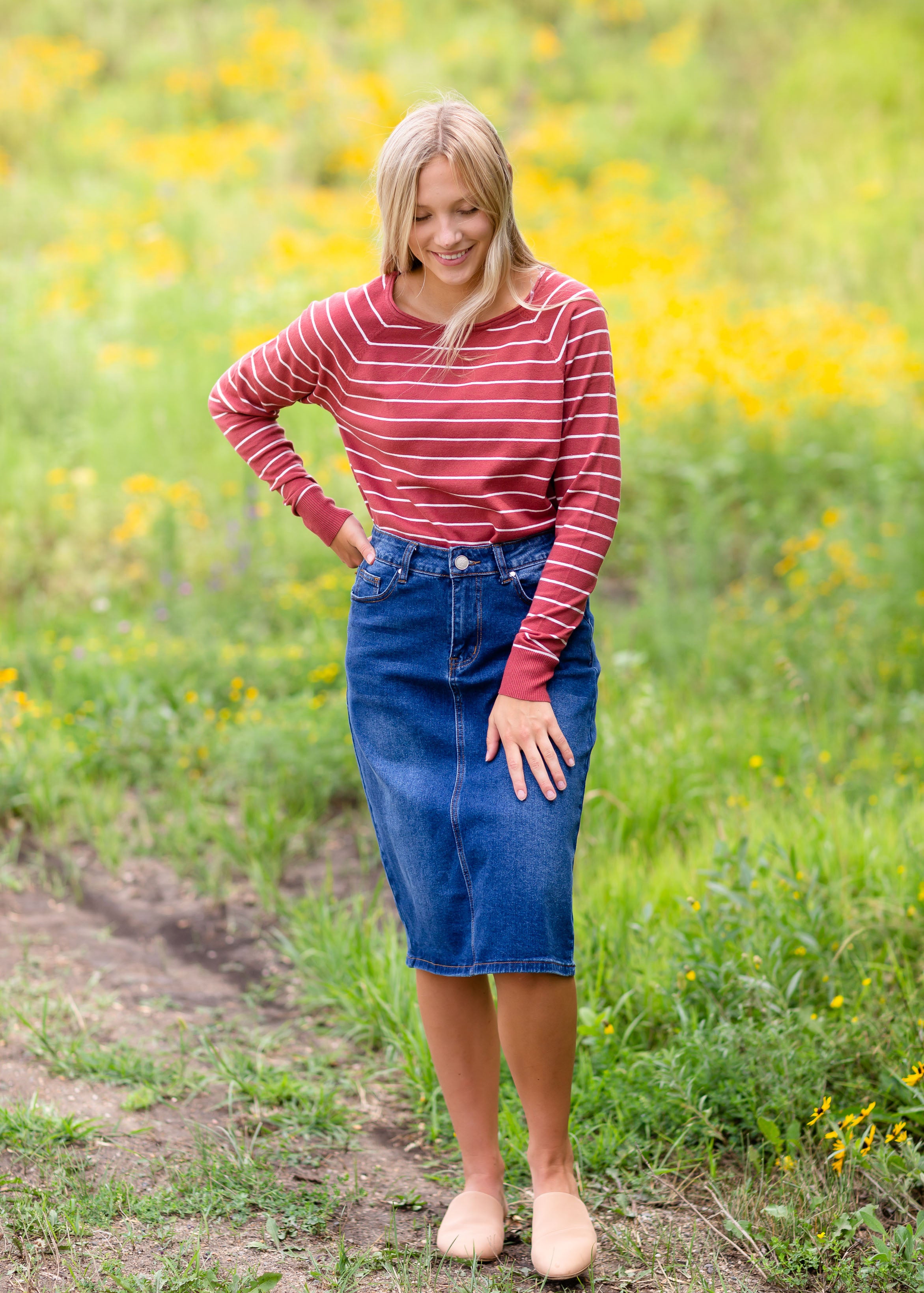 Remi Dark Wash Denim Midi Skirt - FINAL SALE – Inherit Co.