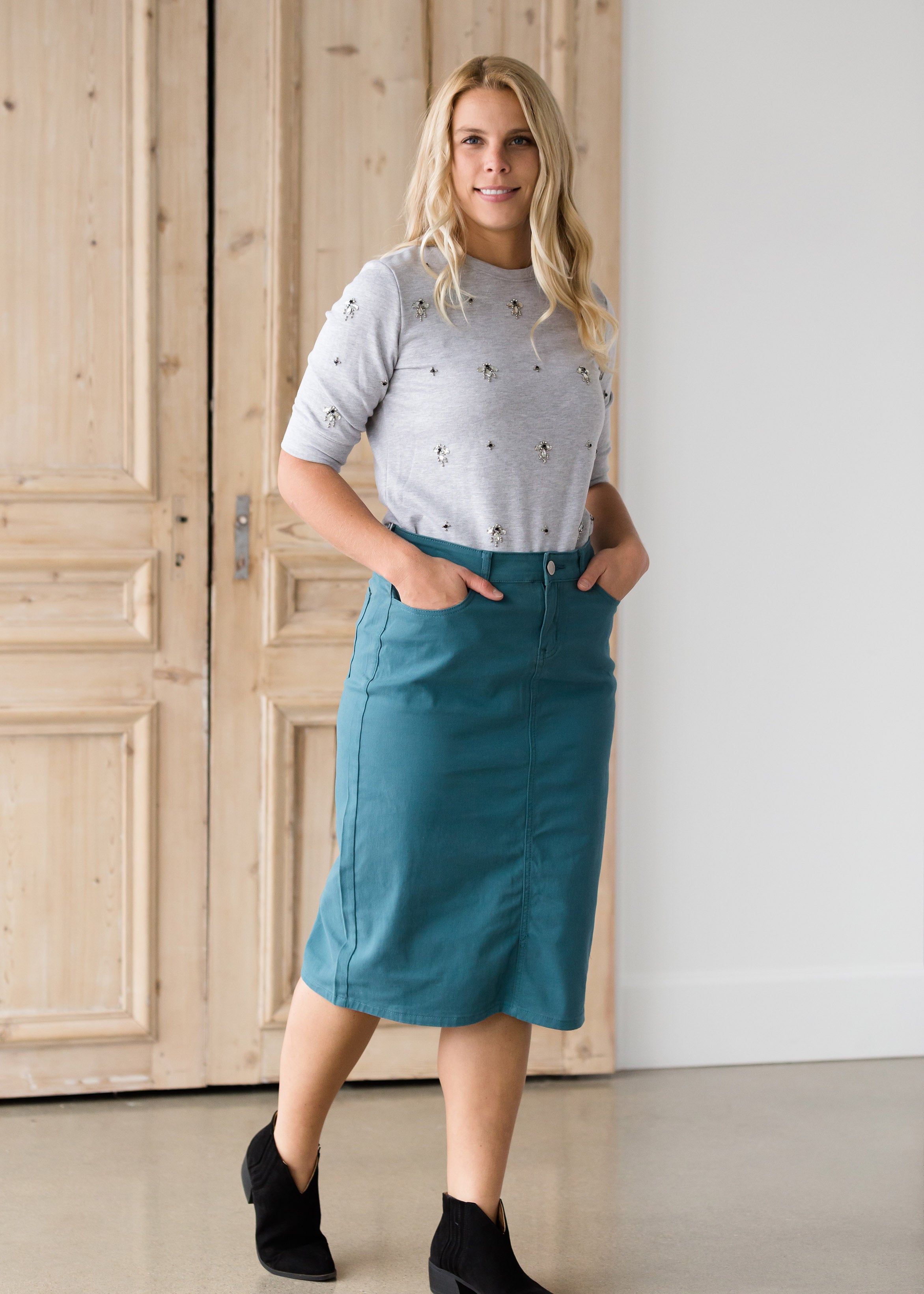 Jade Colored Denim Remi Midi Skirt – Inherit Co.