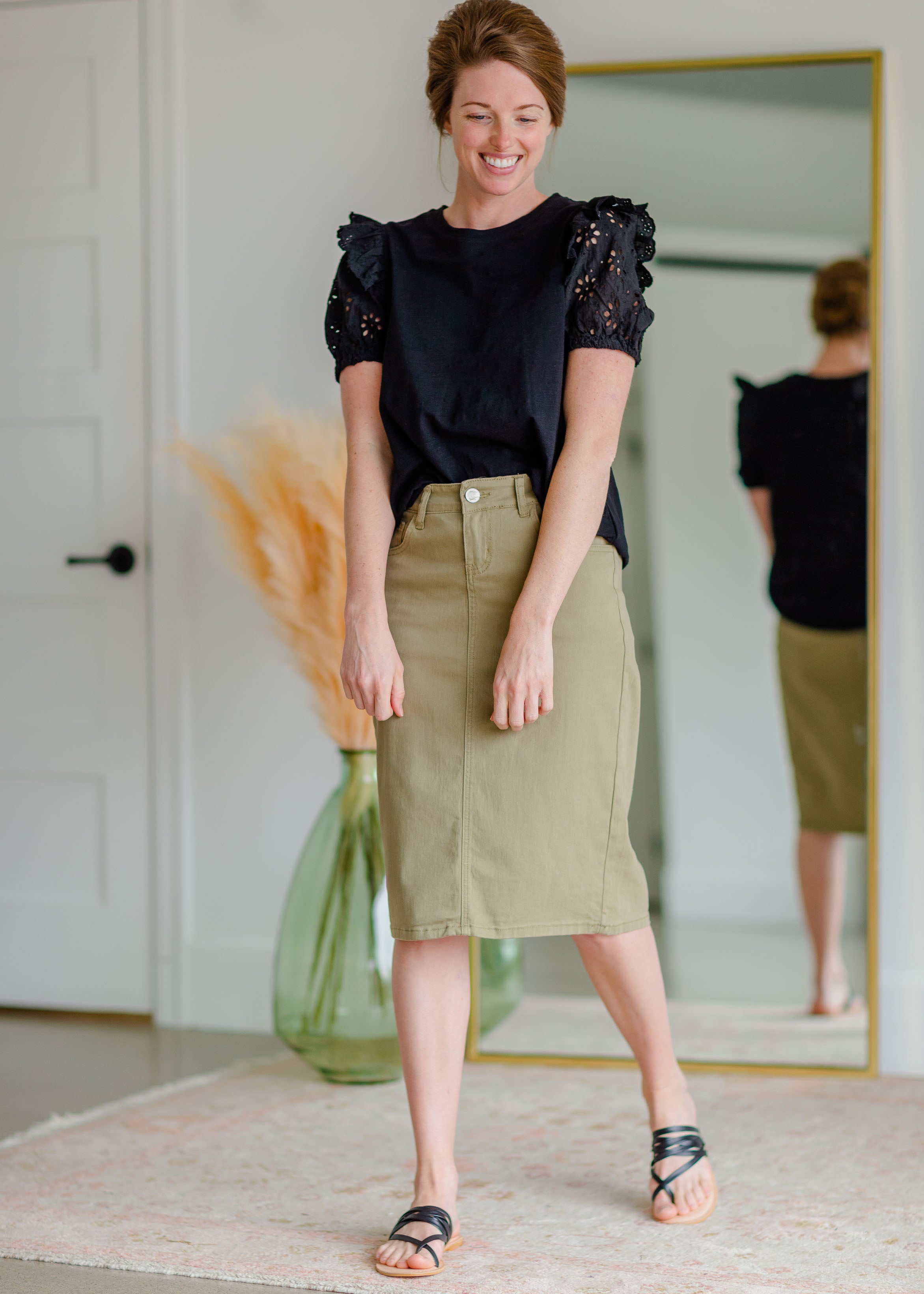 Olive midi 2024 skirt outfit