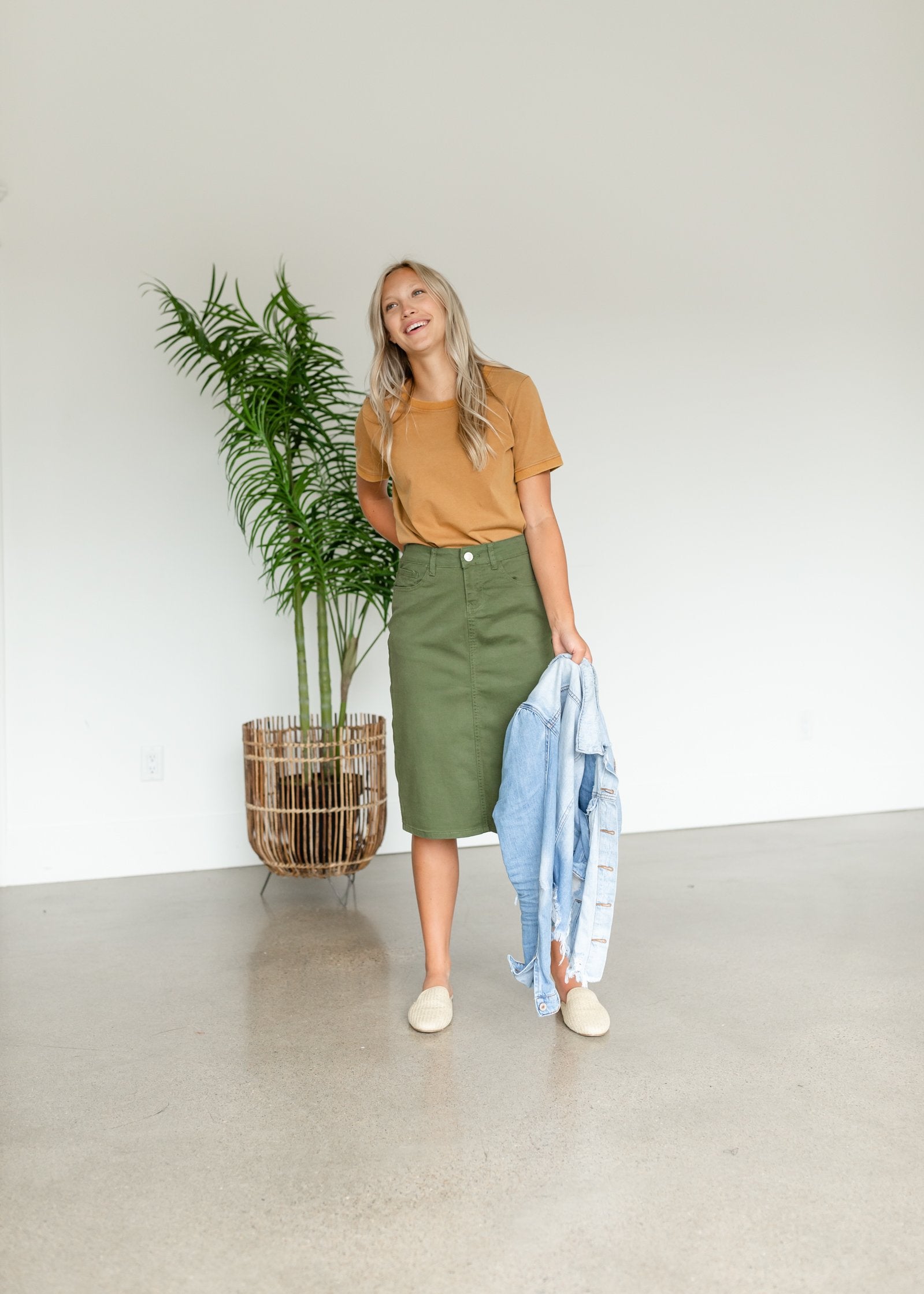 Remi Olive Green Denim Midi Skirt - FINAL SALE