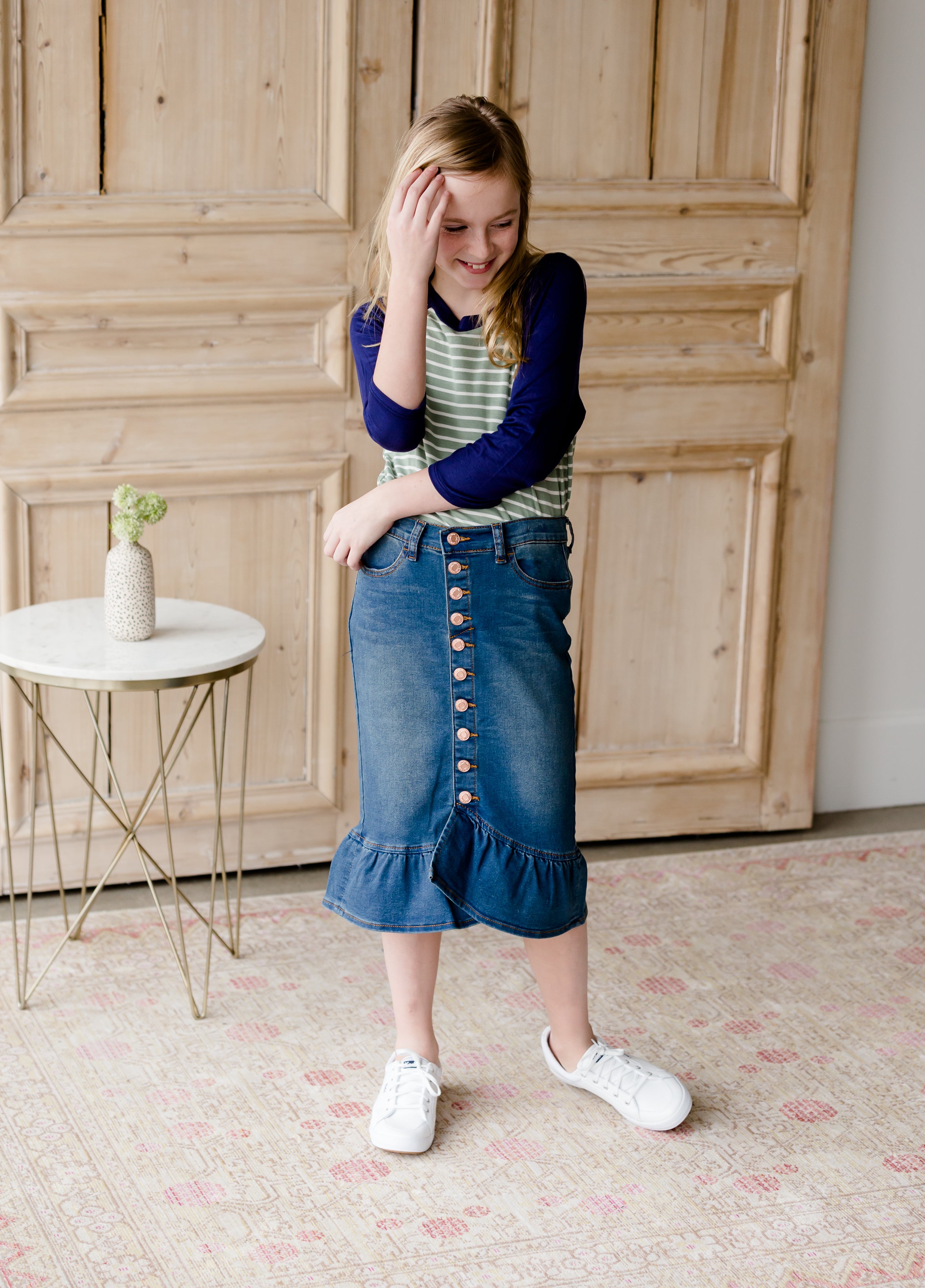 Girls Bell Denim Jeans Double Ruffle Flare Pants Blue | eBay