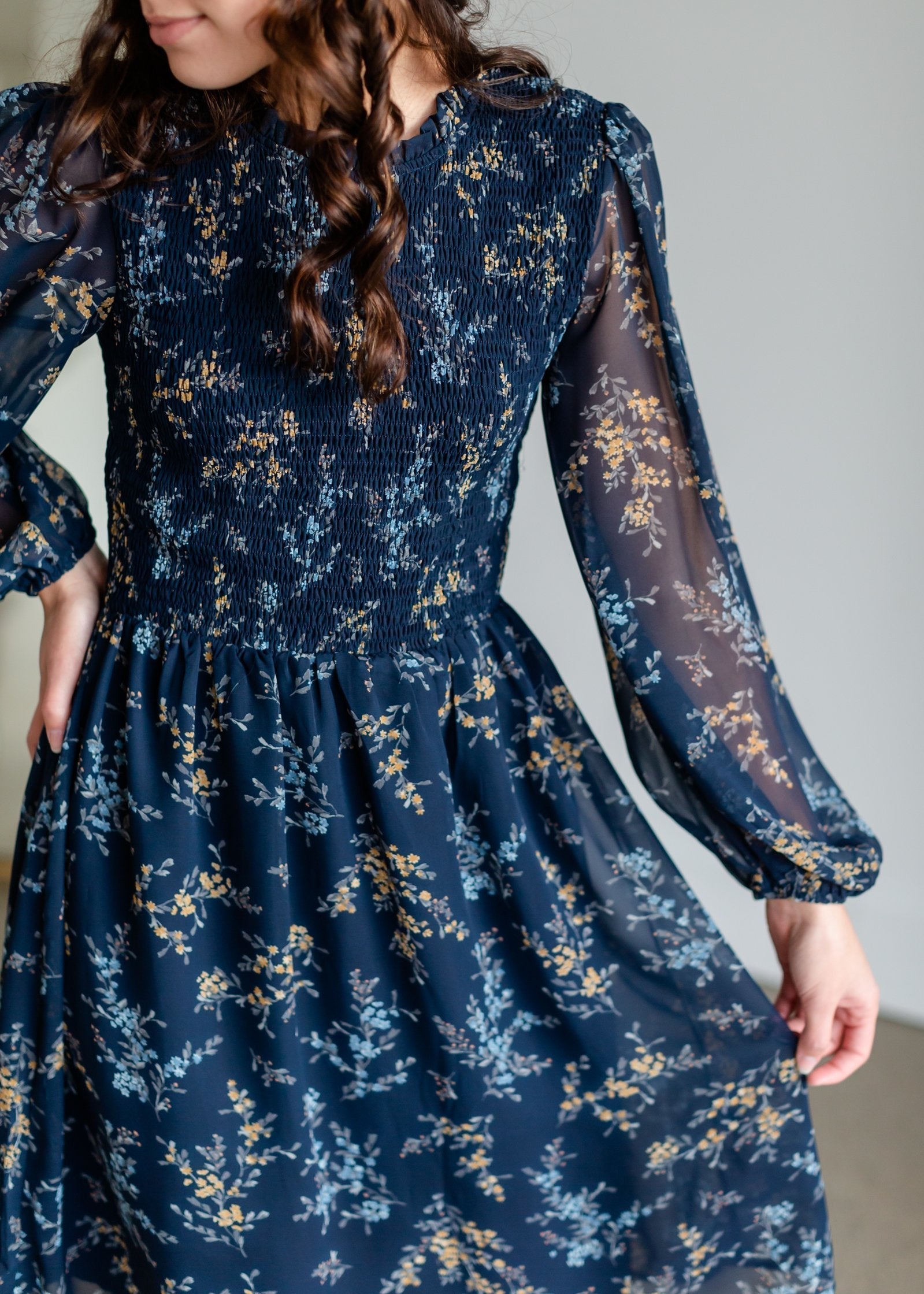 Smocked Top Navy Floral Long Sleeve Midi Dress – Inherit Co.