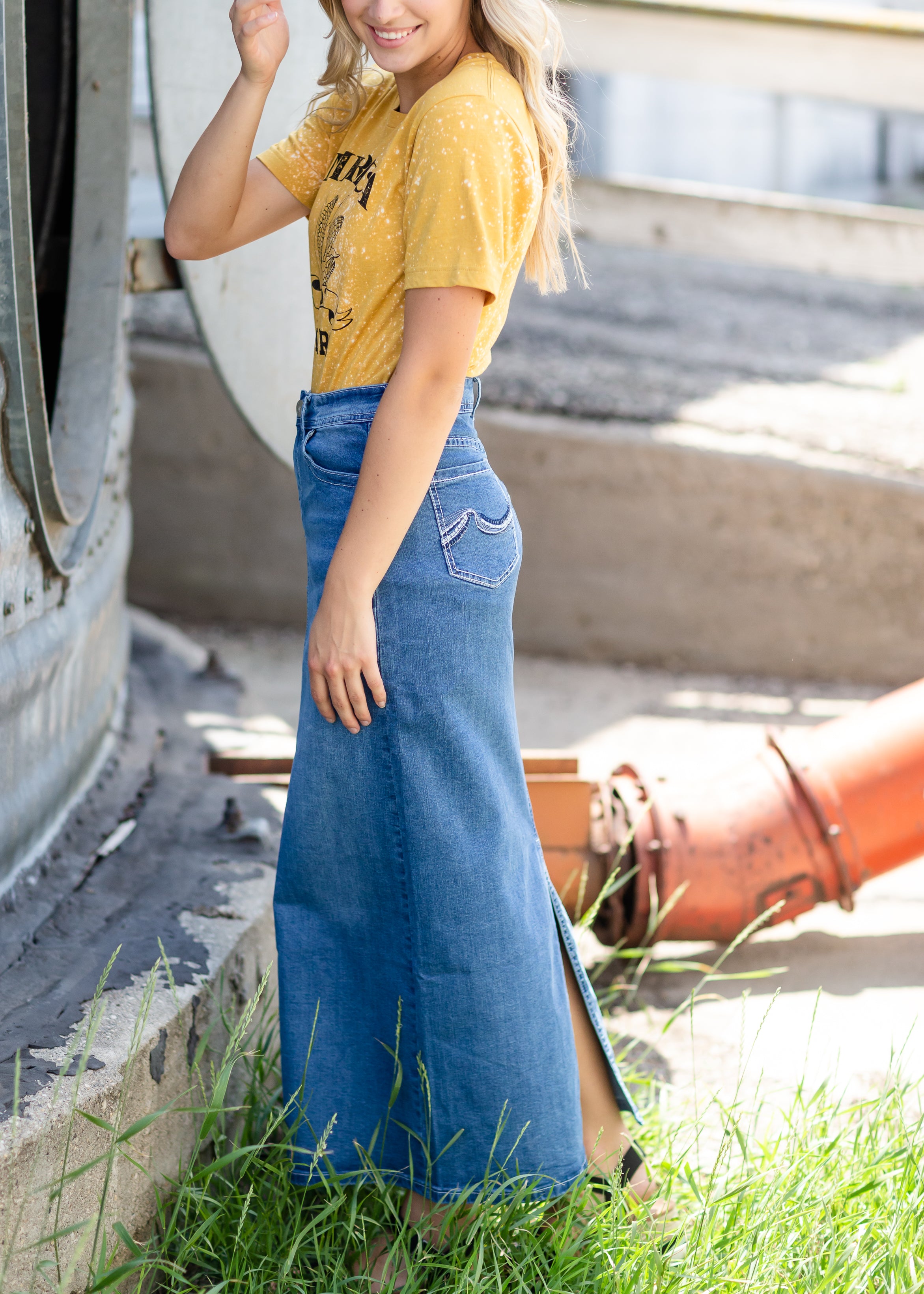 Long light denim outlet skirt