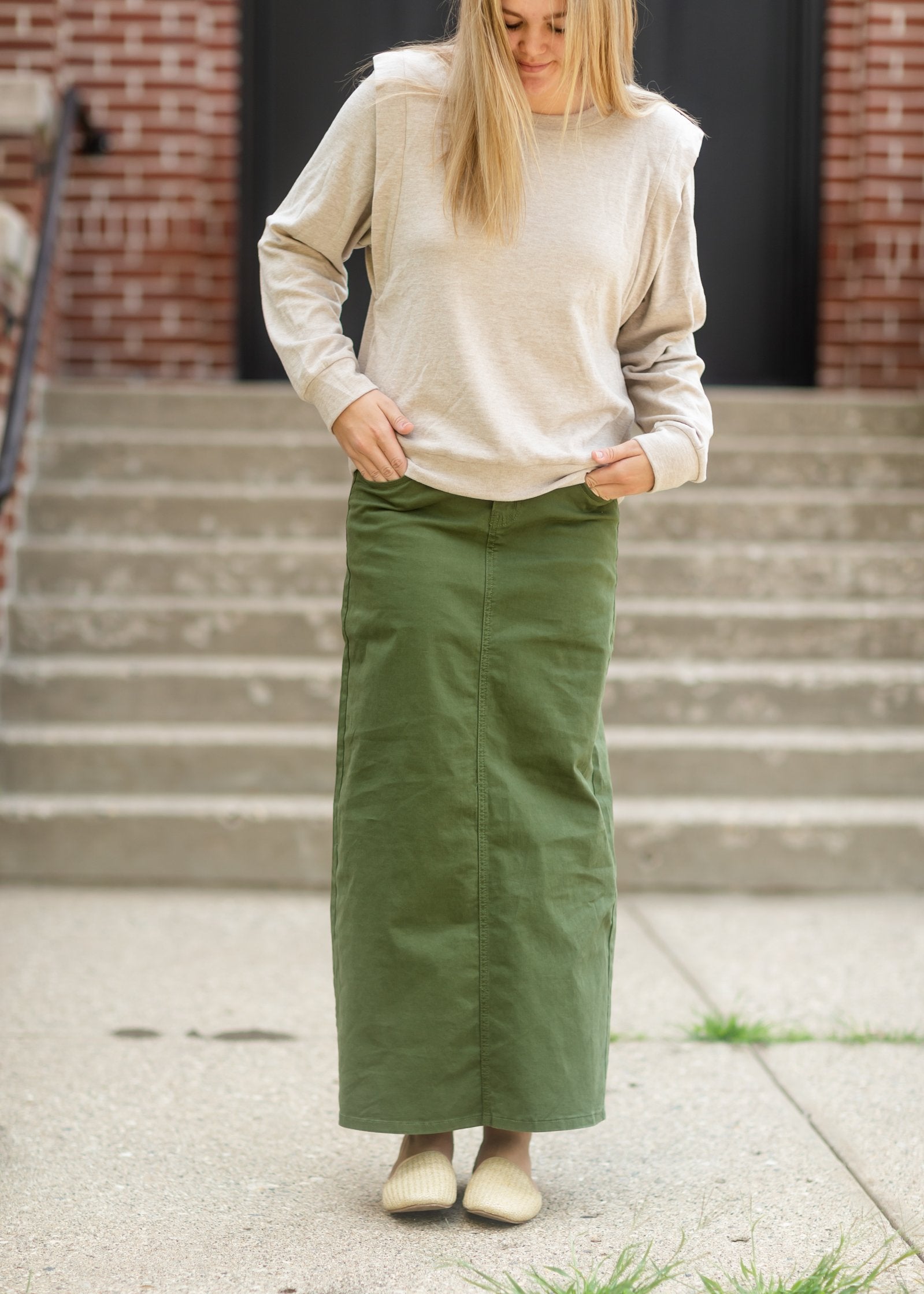 Stella Olive Green Long Denim Maxi Skirt - FINAL SALE