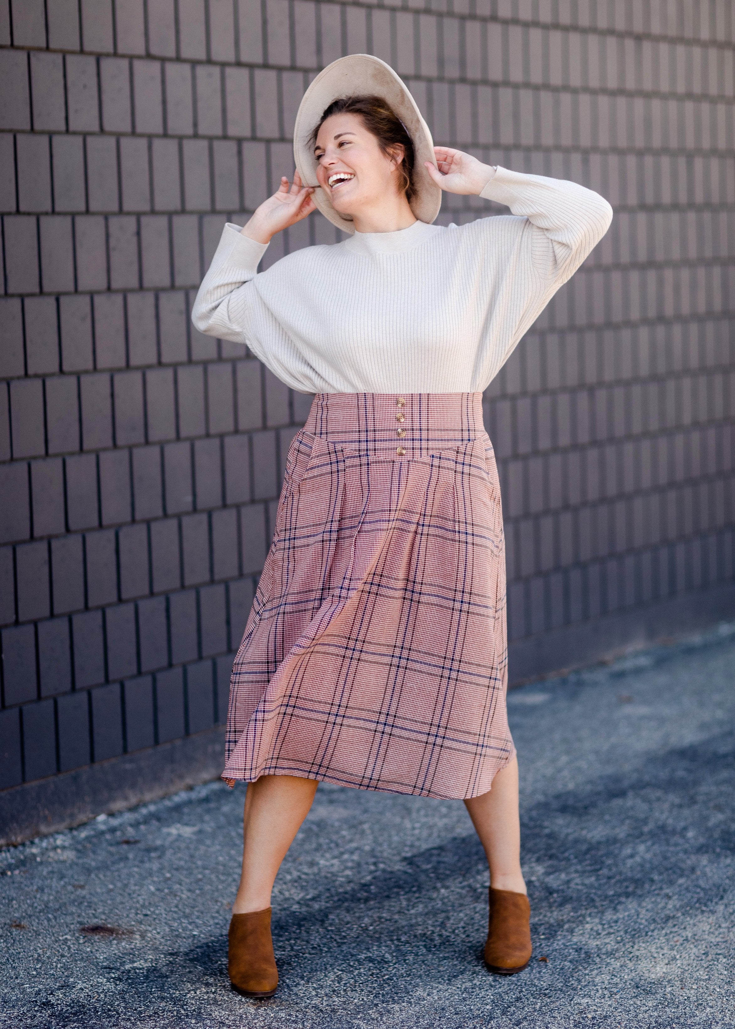 Pink plaid midi outlet skirt