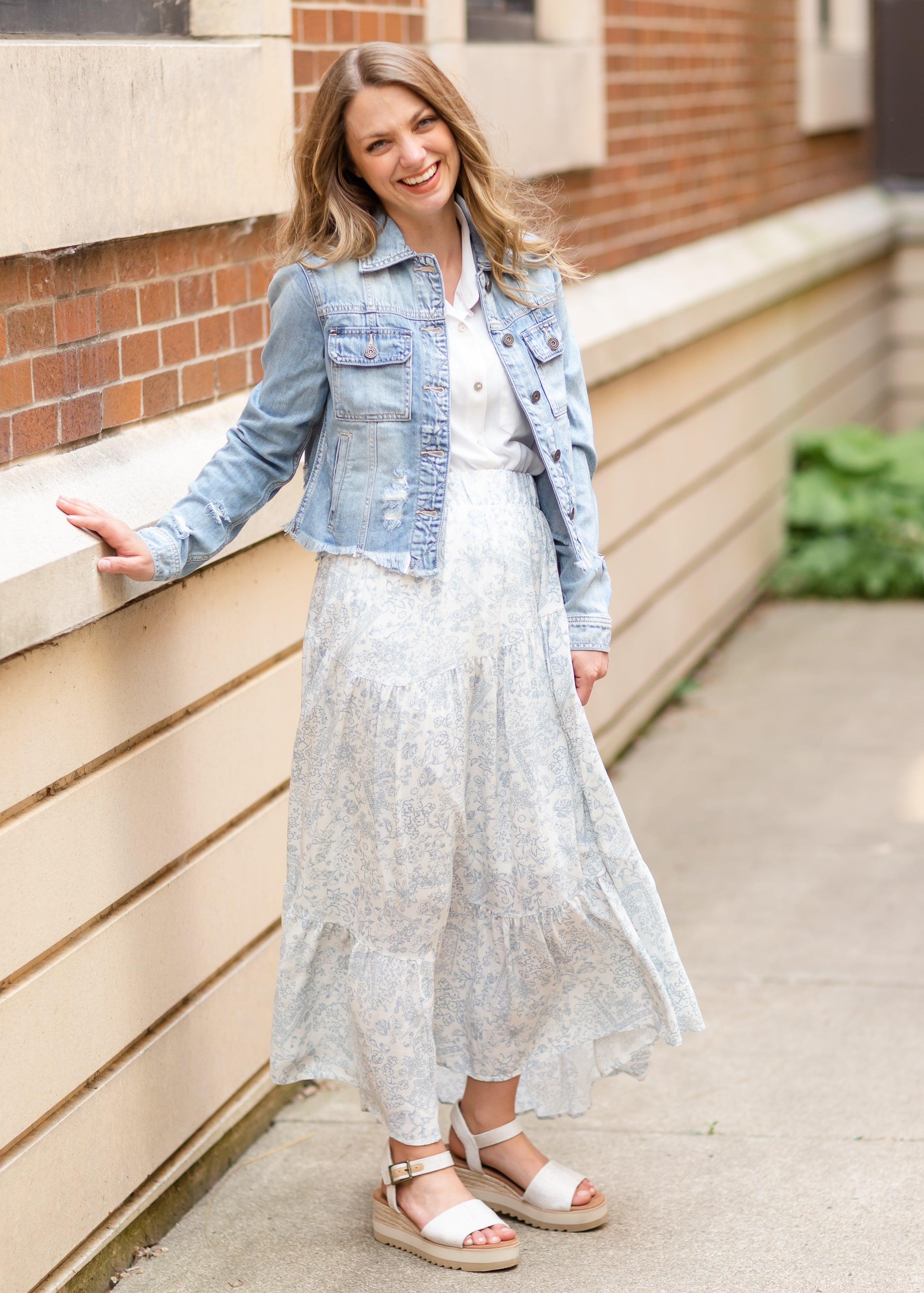 White Floral Midi Skirt with Hem Ruffle FINAL SALE Inherit Co