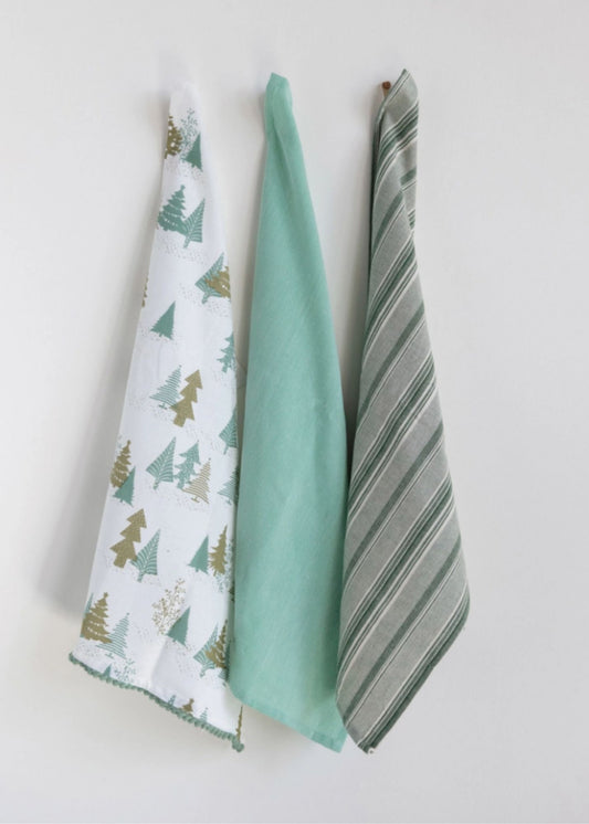 Winter Print Cotton Tea Towels - 3 Pack Home Creative Co-op green